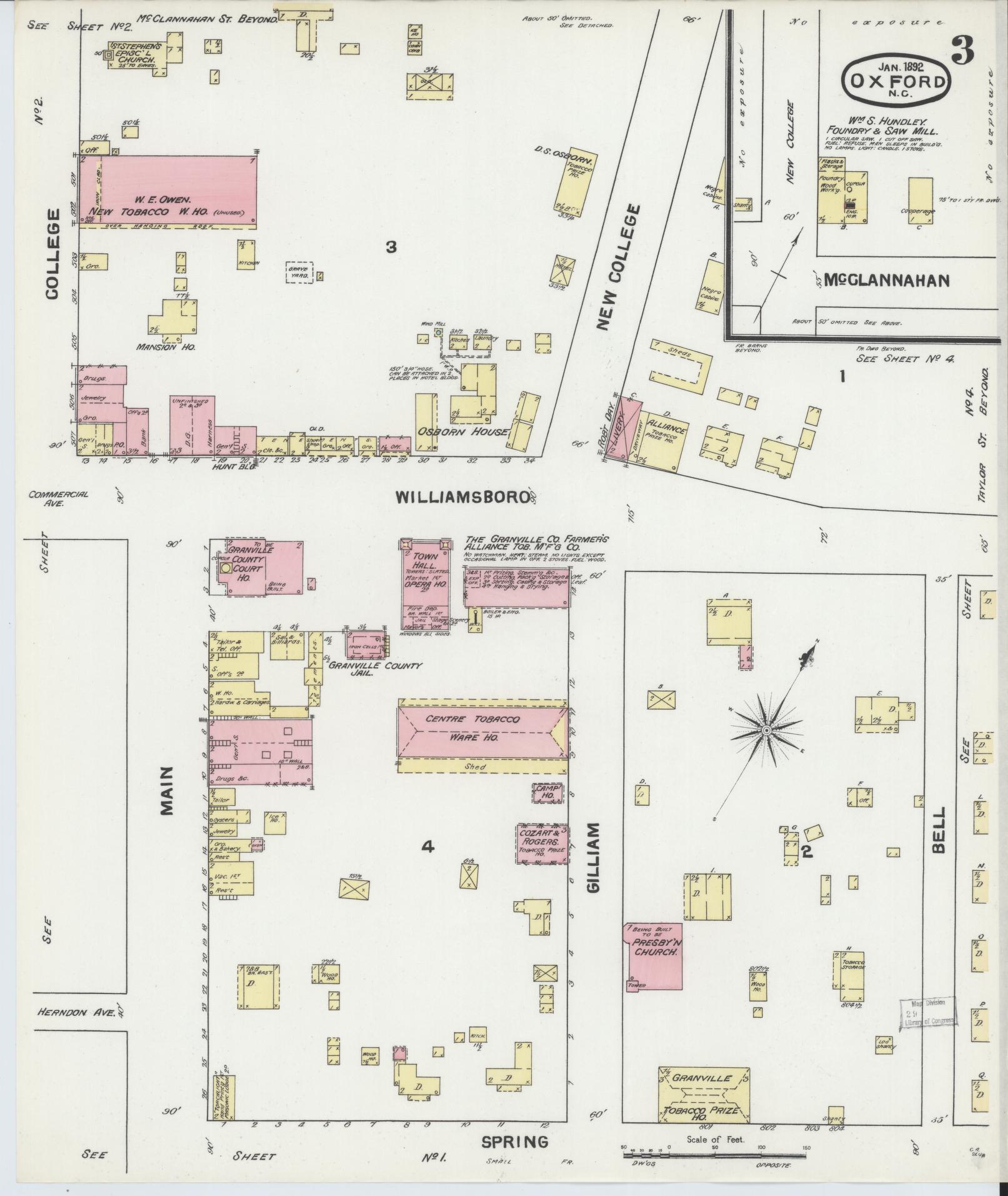 Sanborn Fire Insurance Map from Oxford, Granville County, North Carolina (1892), Sheet #0003 - Complete Map Set gallery image, historic Sanborn map, vintage wall art, North Carolina North Carolina
