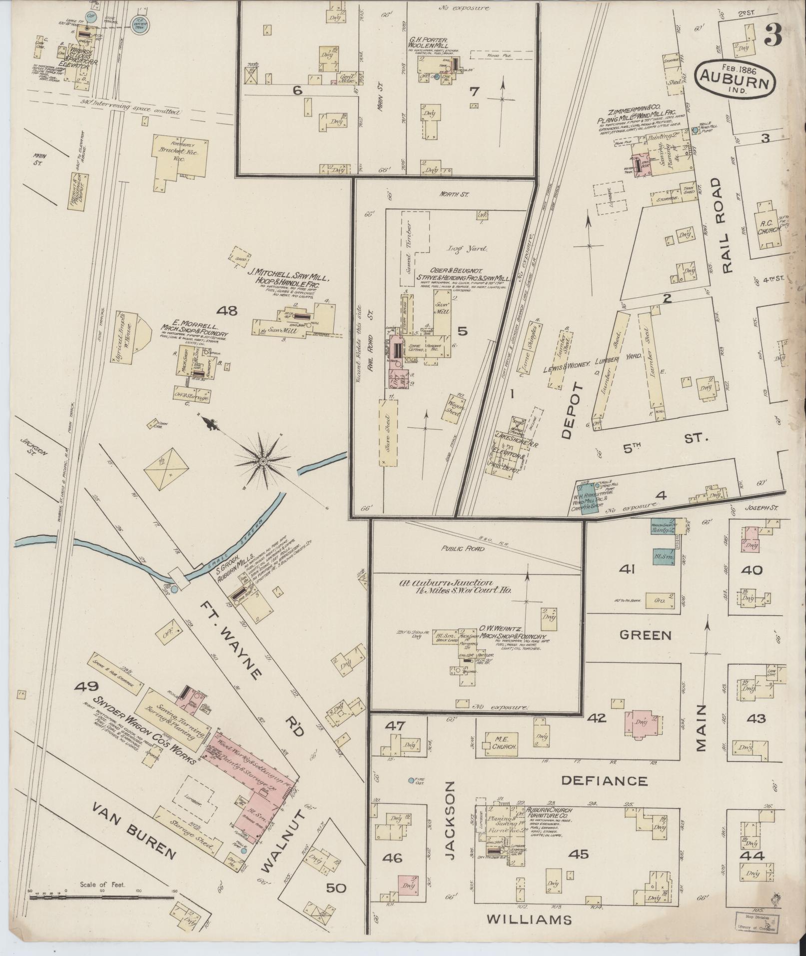 Sanborn Fire Insurance Map from Auburn, De Kalb County, Indiana (1886), Sheet #0003 - Historic Sanborn Fire Insurance Map Print, vintage old map wall art, antique decor, genealogy gift, Indiana Indiana map