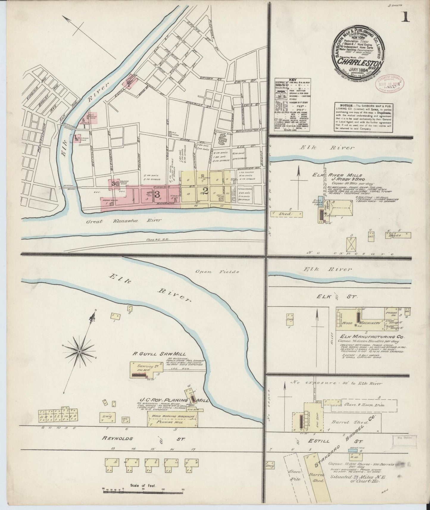 Sanborn Fire Insurance Map from Charleston, Kanawha County, West Virginia (1884), Sheet #0001 - Complete Map Set gallery image, historic Sanborn map, vintage wall art, West Virginia West Virginia