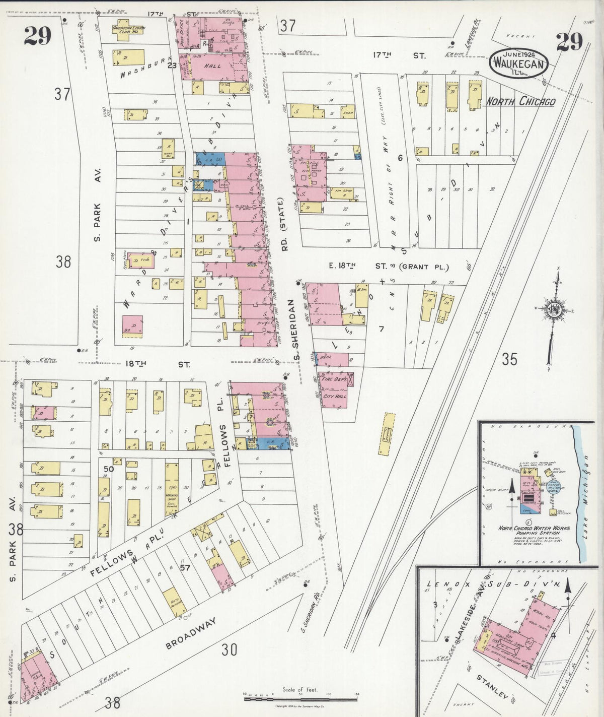 Sanborn Fire Insurance Map from Waukegan, Lake County, Illinois (1924), Sheet #0029 - Complete Map Set gallery image, historic Sanborn map, vintage wall art, Illinois Illinois