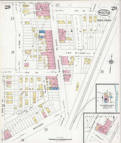 Sanborn Fire Insurance Map from Waukegan, Lake County, Illinois (1924), Sheet #0029 - Complete Map Set gallery image, historic Sanborn map, vintage wall art, Illinois Illinois