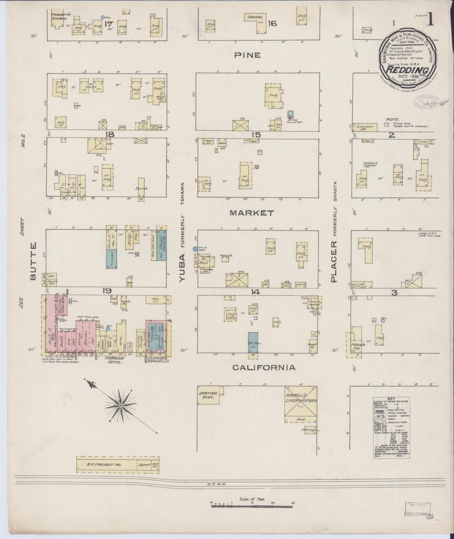 Sanborn Fire Insurance Map from Redding, Shasta County, California (1885), Sheet #0001 - Complete Map Set gallery image, historic Sanborn map, vintage wall art, California California