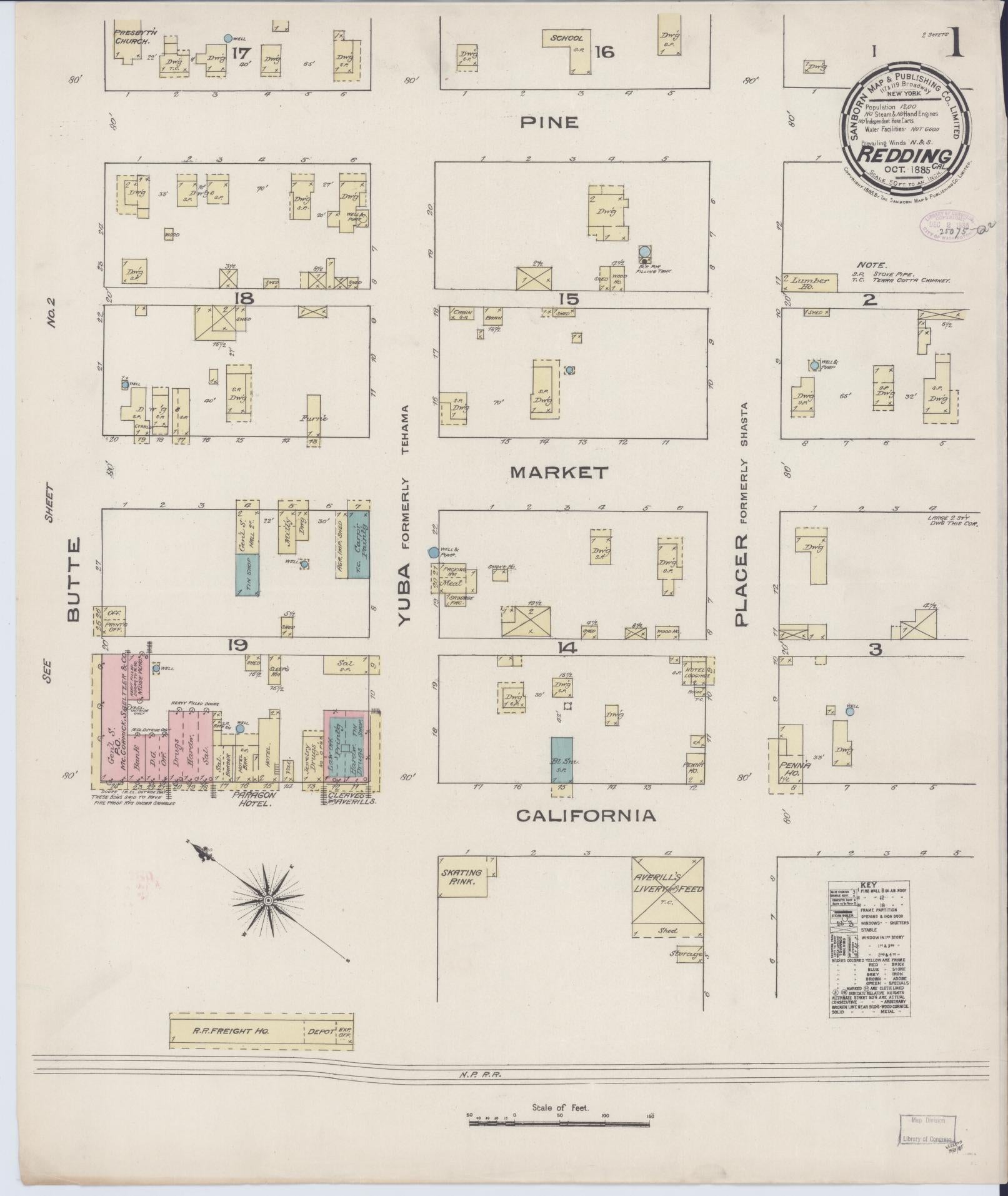 Sanborn Fire Insurance Map from Redding, Shasta County, California (1885), Sheet #0001 - Complete Map Set gallery image, historic Sanborn map, vintage wall art, California California