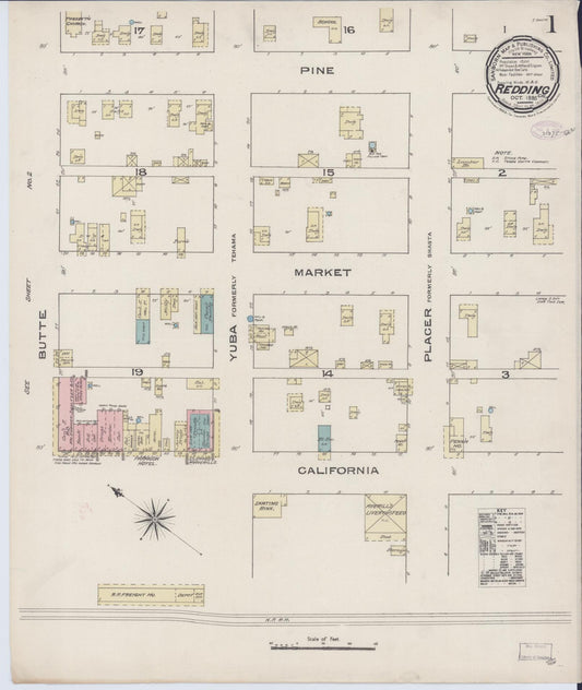 Sanborn Fire Insurance Map from Redding, Shasta County, California (1885), Sheet #0001 - Complete Map Set gallery image, historic Sanborn map, vintage wall art, California California