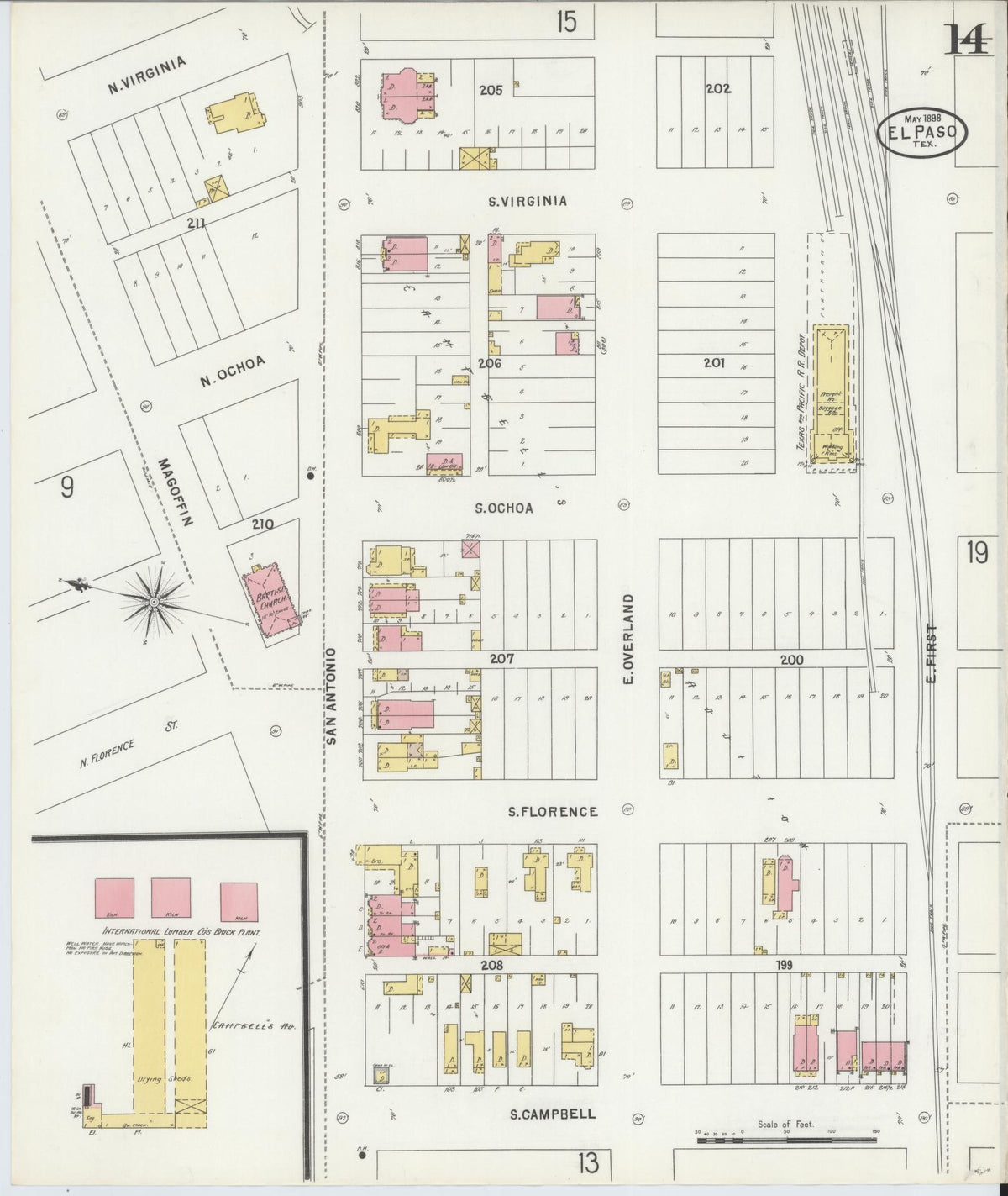 Sanborn Fire Insurance Map from El Paso, El Paso County, Texas (1898), Sheet #0014 - Historic Sanborn Fire Insurance Map Print, vintage old map wall art, antique decor, genealogy gift, Texas Texas map