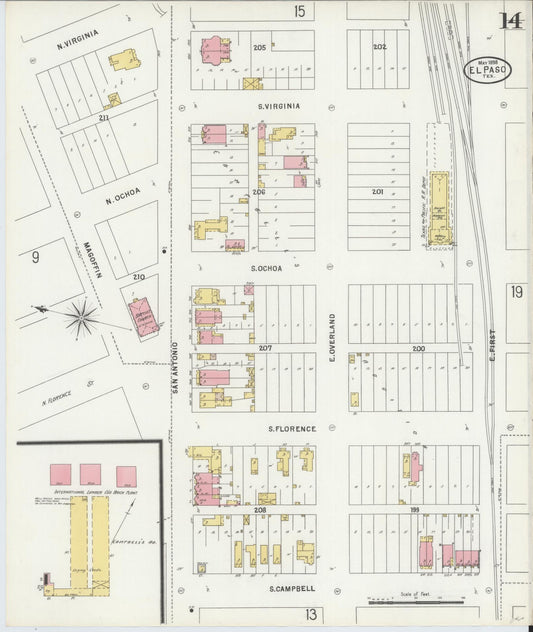 Sanborn Fire Insurance Map from El Paso, El Paso County, Texas (1898), Sheet #0014 - Historic Sanborn Fire Insurance Map Print, vintage old map wall art, antique decor, genealogy gift, Texas Texas map