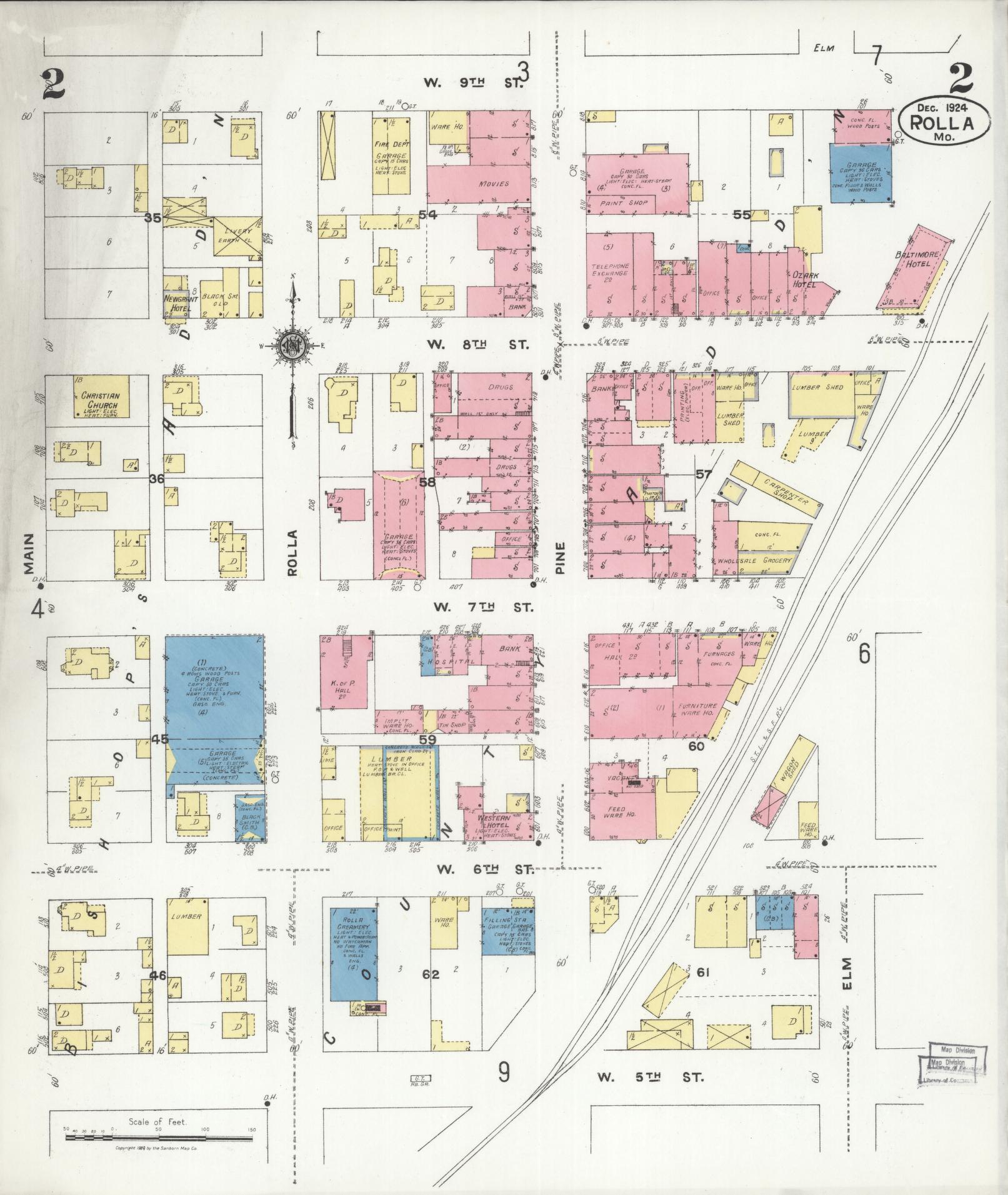 Sanborn Fire Insurance Map from Rolla, Phelps County, Missouri (1924), Sheet #0002 - Historic Sanborn Fire Insurance Map Print, vintage old map wall art, antique decor, genealogy gift, Missouri Missouri map