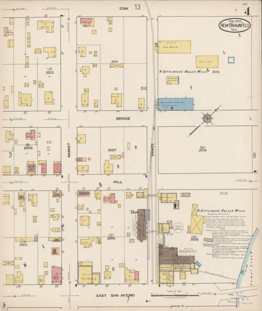 Sanborn Fire Insurance Map from New Braunfels, Comal County, Texas (1922), Sheet #0004 - Historic Sanborn Fire Insurance Map Print, vintage old map wall art, antique decor, genealogy gift, Texas Texas map