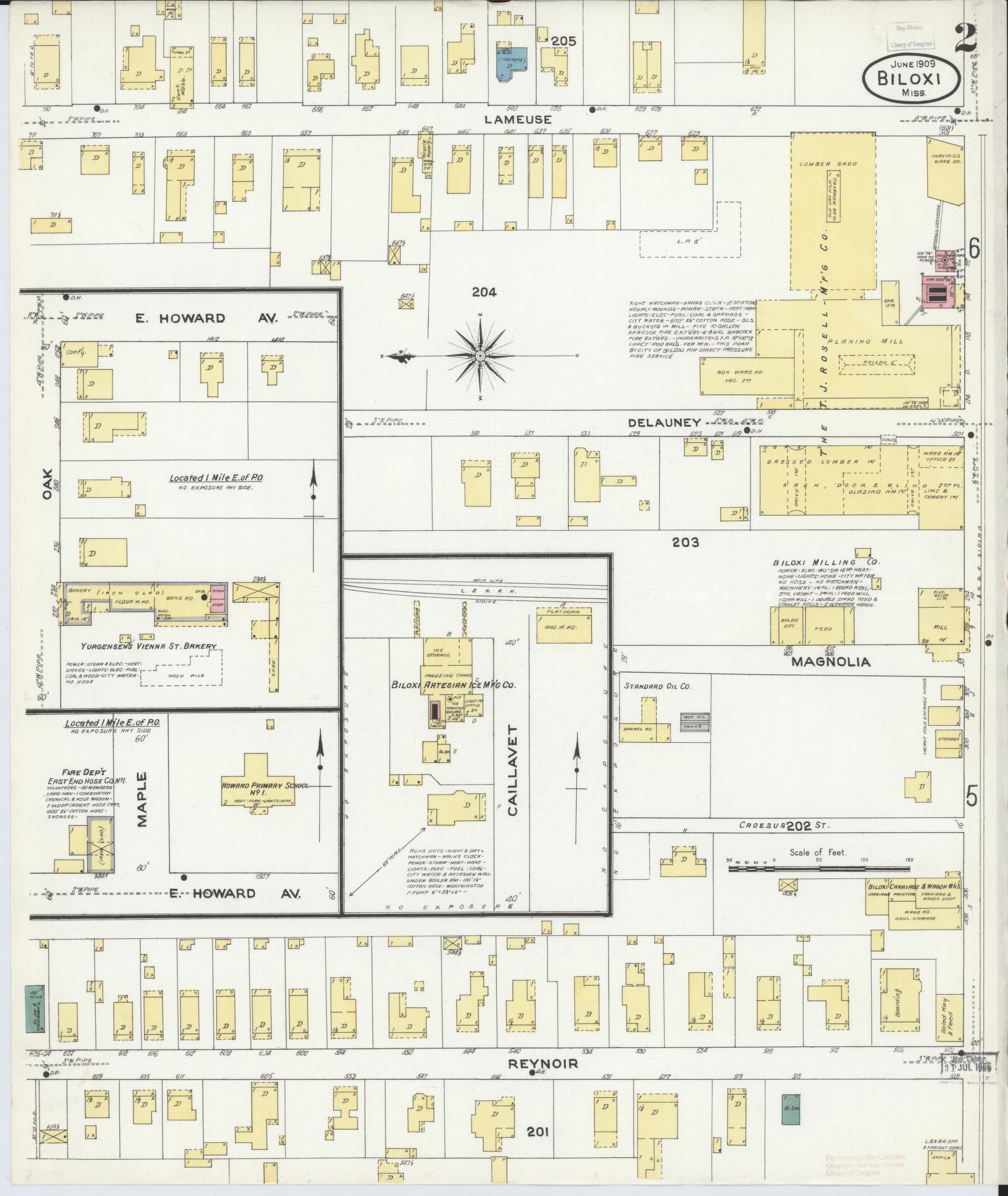 Sanborn Fire Insurance Map from Biloxi, Harrison County, Mississippi (1909), Sheet #0002 - Historic Sanborn Fire Insurance Map Print, vintage old map wall art, antique decor, genealogy gift, Mississippi Mississippi map