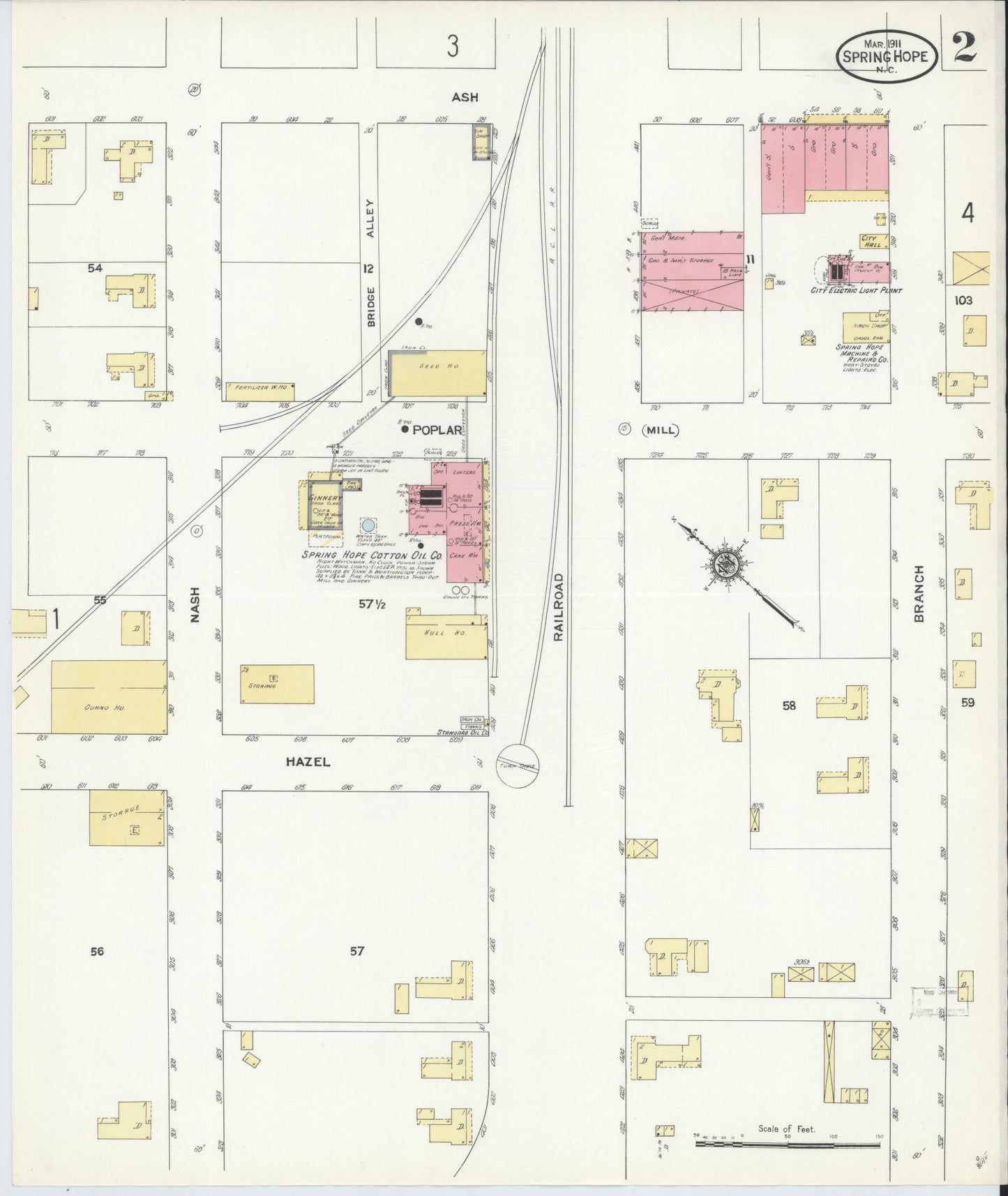 Sanborn Fire Insurance Map from Spring Hope, Nash County, North Carolina (1911), Sheet #0002 - Historic Sanborn Fire Insurance Map Print, vintage old map wall art, antique decor, genealogy gift, North Carolina North Carolina map