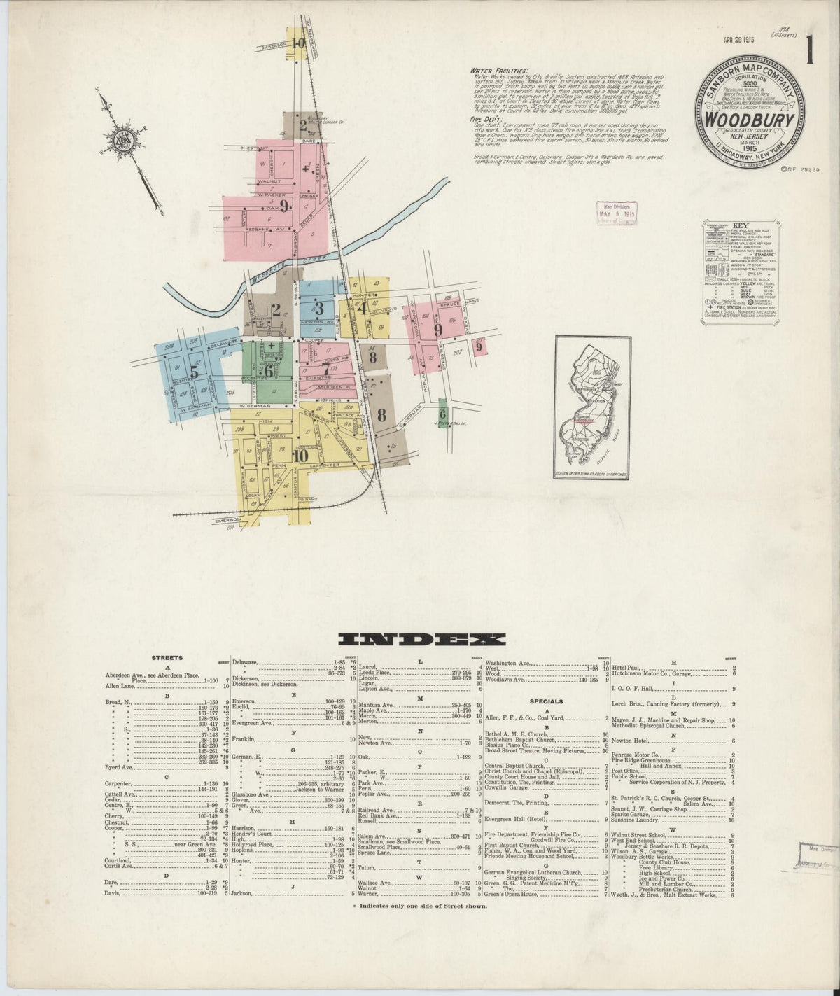 Sanborn Fire Insurance Map from Woodbury, Gloucester County, New Jersey (1915), Sheet #0001 - Historic Sanborn Fire Insurance Map Print, vintage old map wall art, antique decor, genealogy gift, New Jersey New Jersey map