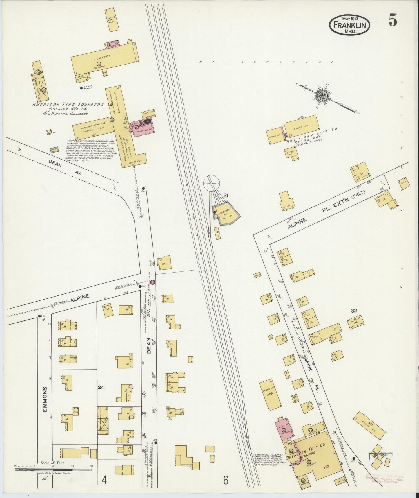Sanborn Fire Insurance Map from Franklin, Norfolk County, Massachusetts (1919), Sheet #0005 - Complete Map Set gallery image, historic Sanborn map, vintage wall art, Massachusetts Massachusetts