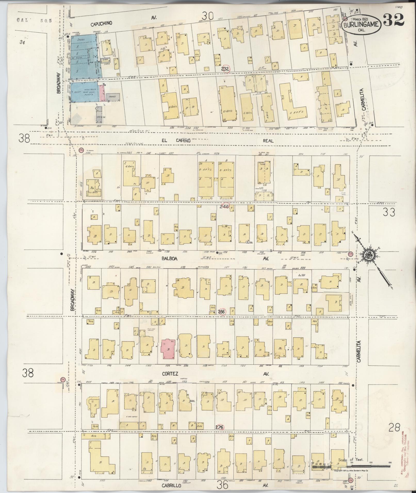 Sanborn Fire Insurance Map from Burlingame, San Mateo County, California (1949), Sheet #0032 - Complete Map Set gallery image, historic Sanborn map, vintage wall art, California California