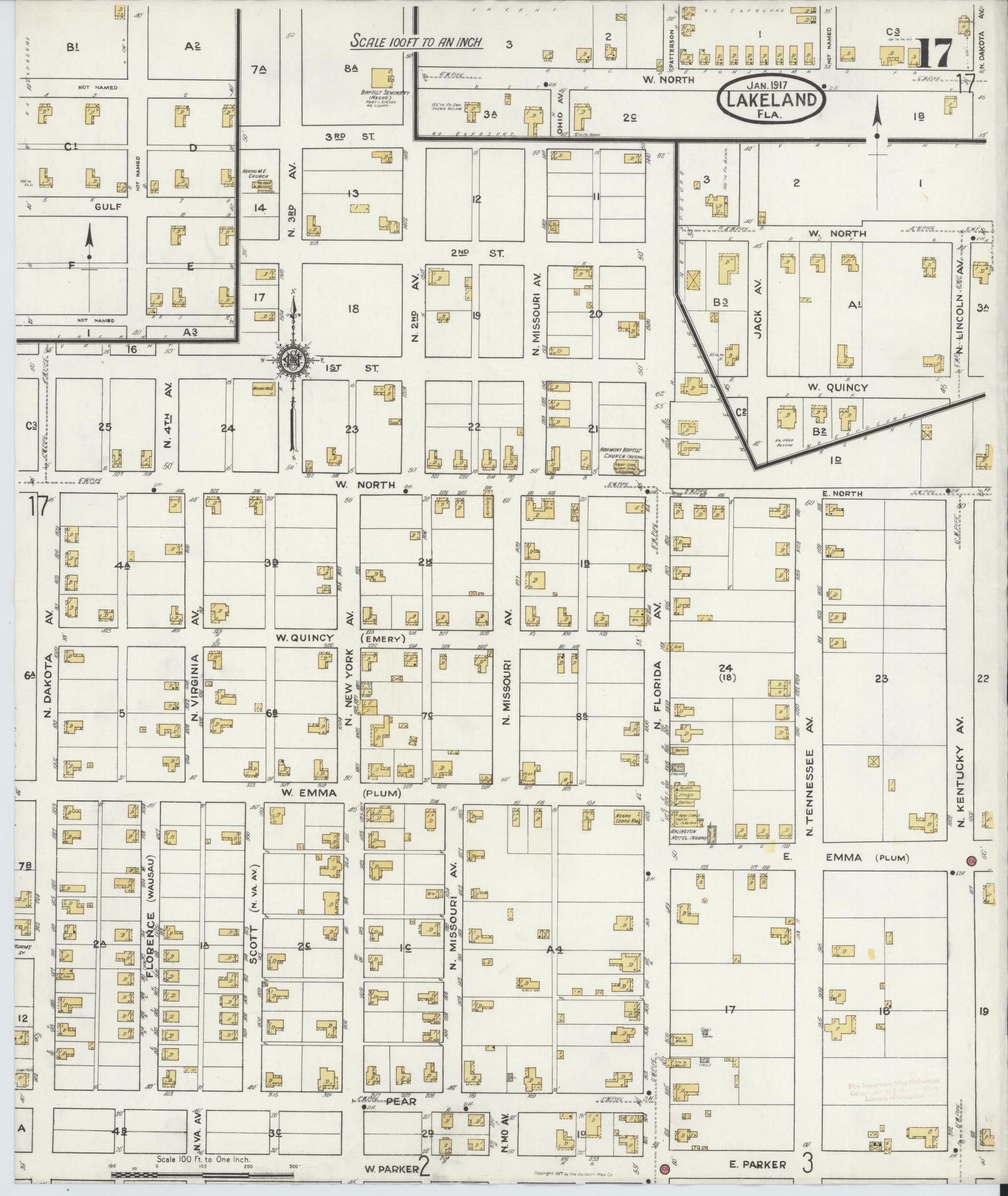 Sanborn Fire Insurance Map from Lakeland, Polk County, Florida (1917), Sheet #0017 - Complete Map Set gallery image, historic Sanborn map, vintage wall art, Florida Florida
