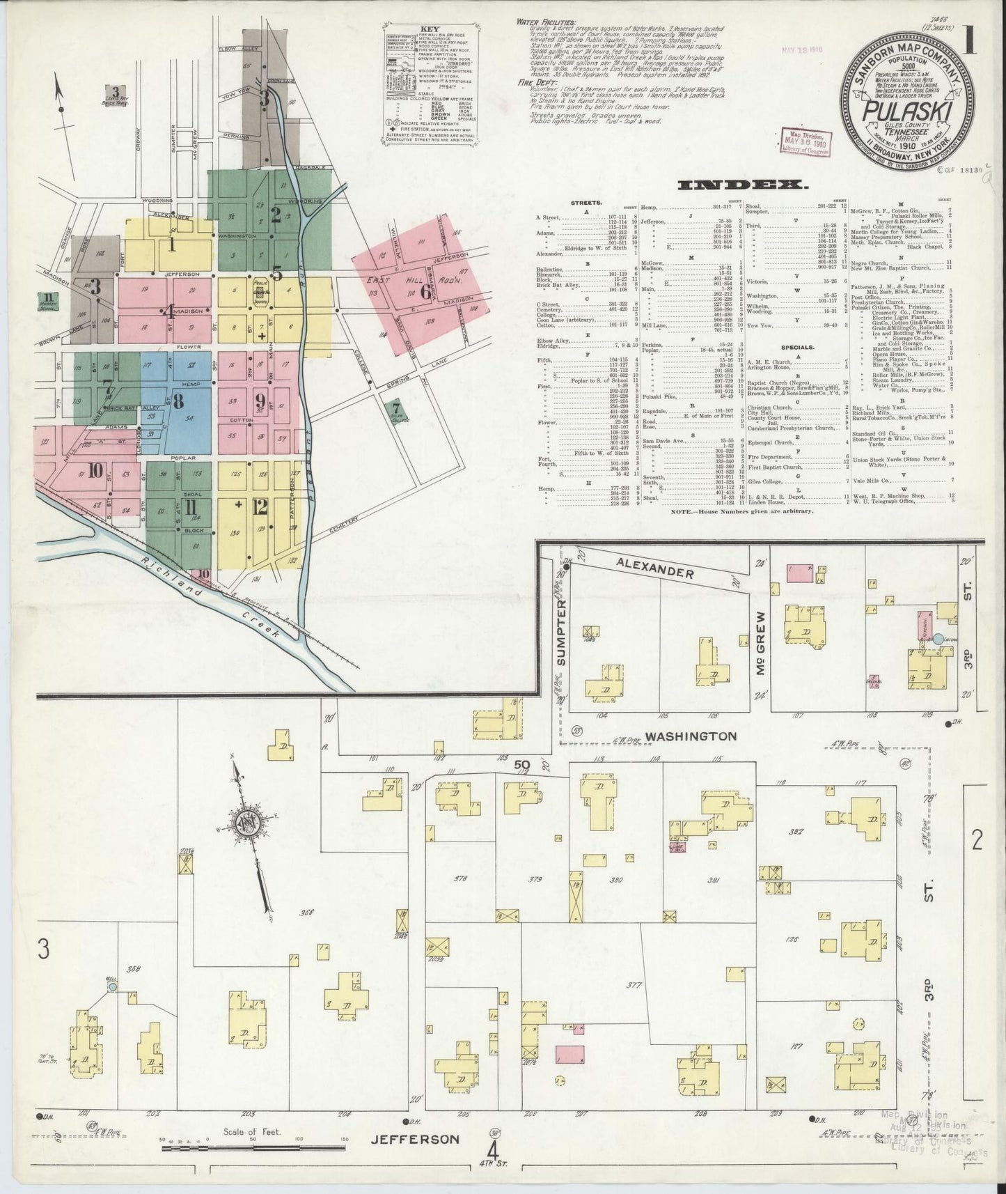 Sanborn Fire Insurance Map from Pulaski, Giles County, Tennessee (1910), Sheet #0001 - Complete Map Set gallery image, historic Sanborn map, vintage wall art, Tennessee Tennessee