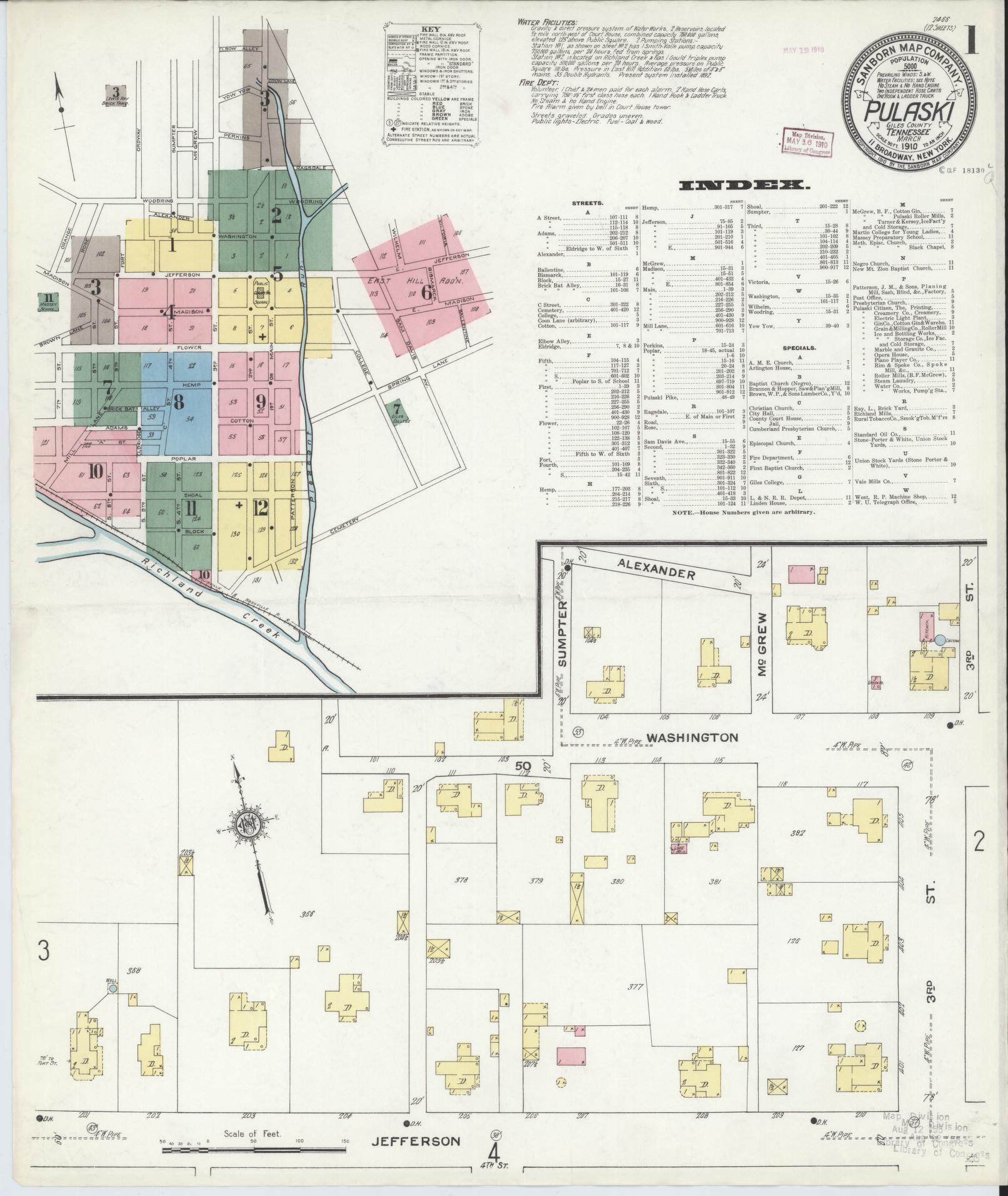 Sanborn Fire Insurance Map from Pulaski, Giles County, Tennessee (1910), Sheet #0001 - Complete Map Set gallery image, historic Sanborn map, vintage wall art, Tennessee Tennessee