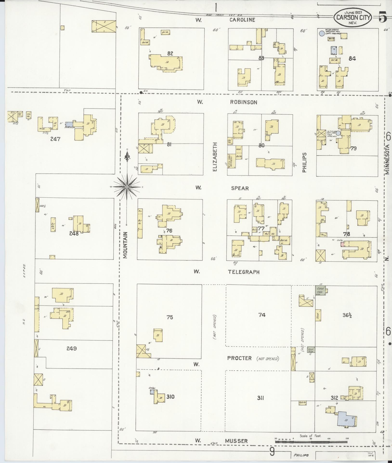 Sanborn Fire Insurance Map from Carson City, Carson City County, Nevada (1907), Sheet #0005 - Complete Map Set gallery image, historic Sanborn map, vintage wall art, Nevada Nevada