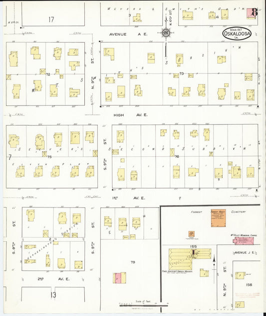 Sanborn Fire Insurance Map from Oskaloosa, Mahaska County, Iowa (1917), Sheet #0008 - Historic Sanborn Fire Insurance Map Print, vintage old map wall art