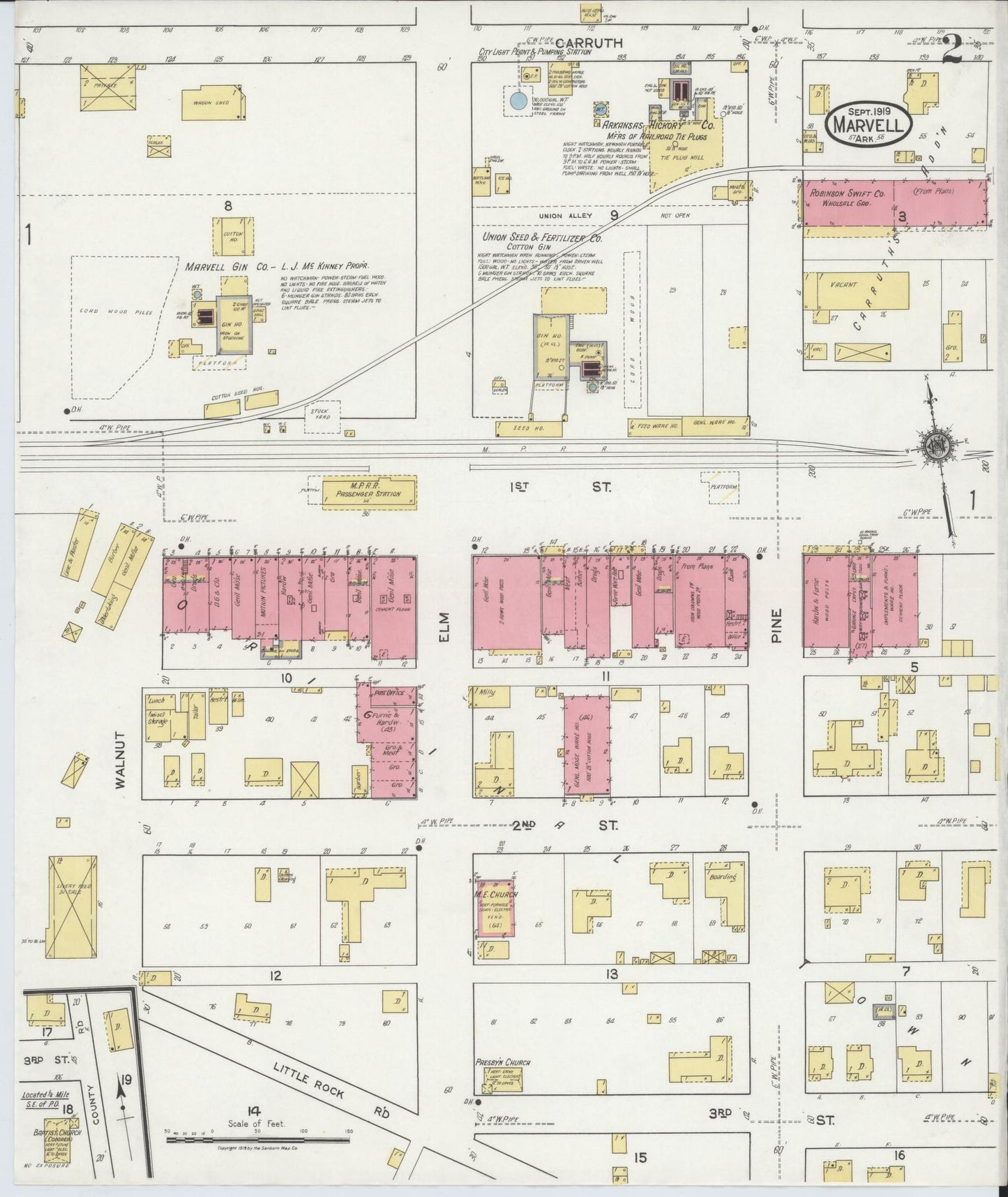 Sanborn Fire Insurance Map from Marvell, Phillips County, Arkansas (1919), Sheet #0002 - Historic Sanborn Fire Insurance Map Print, vintage old map wall art, antique decor, genealogy gift, Arkansas Arkansas map