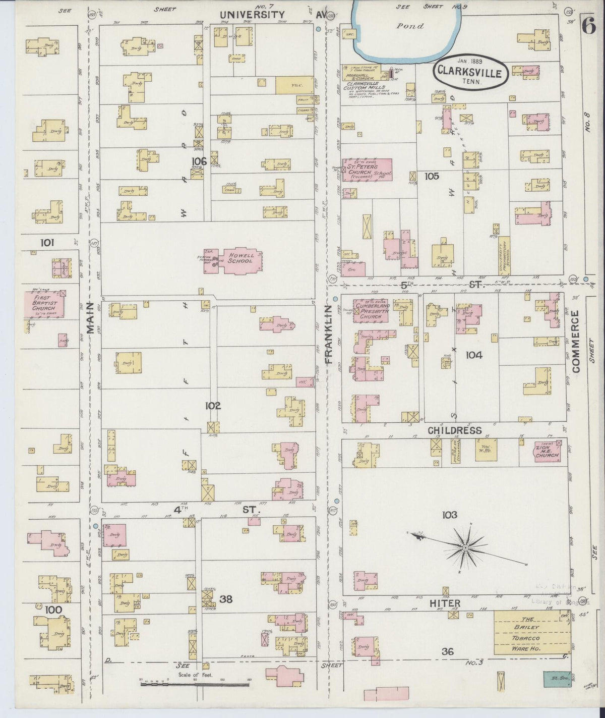 Sanborn Fire Insurance Map from Clarksville, Montgomery County, Tennessee (1889), Sheet #0006 - Historic Sanborn Fire Insurance Map Print, vintage old map wall art, antique decor, genealogy gift, Tennessee Tennessee map