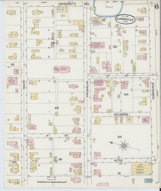 Sanborn Fire Insurance Map from Clarksville, Montgomery County, Tennessee (1889), Sheet #0006 - Historic Sanborn Fire Insurance Map Print, vintage old map wall art, antique decor, genealogy gift, Tennessee Tennessee map