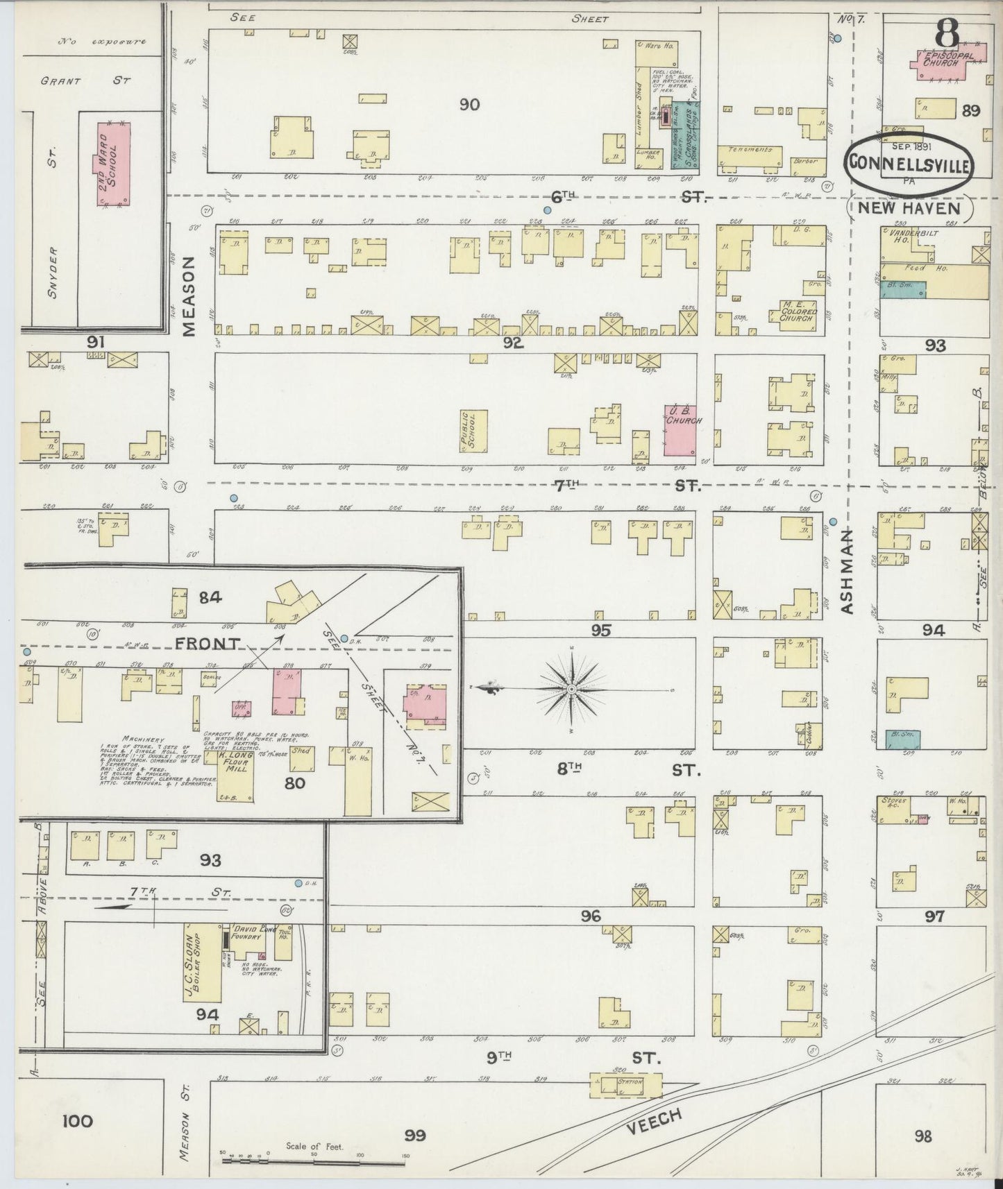 Sanborn Fire Insurance Map from Connellsville, Fayette County, Pennsylvania (1891), Sheet #0008 - Historic Sanborn Fire Insurance Map Print, vintage old map wall art, antique decor, genealogy gift, Pennsylvania Pennsylvania map