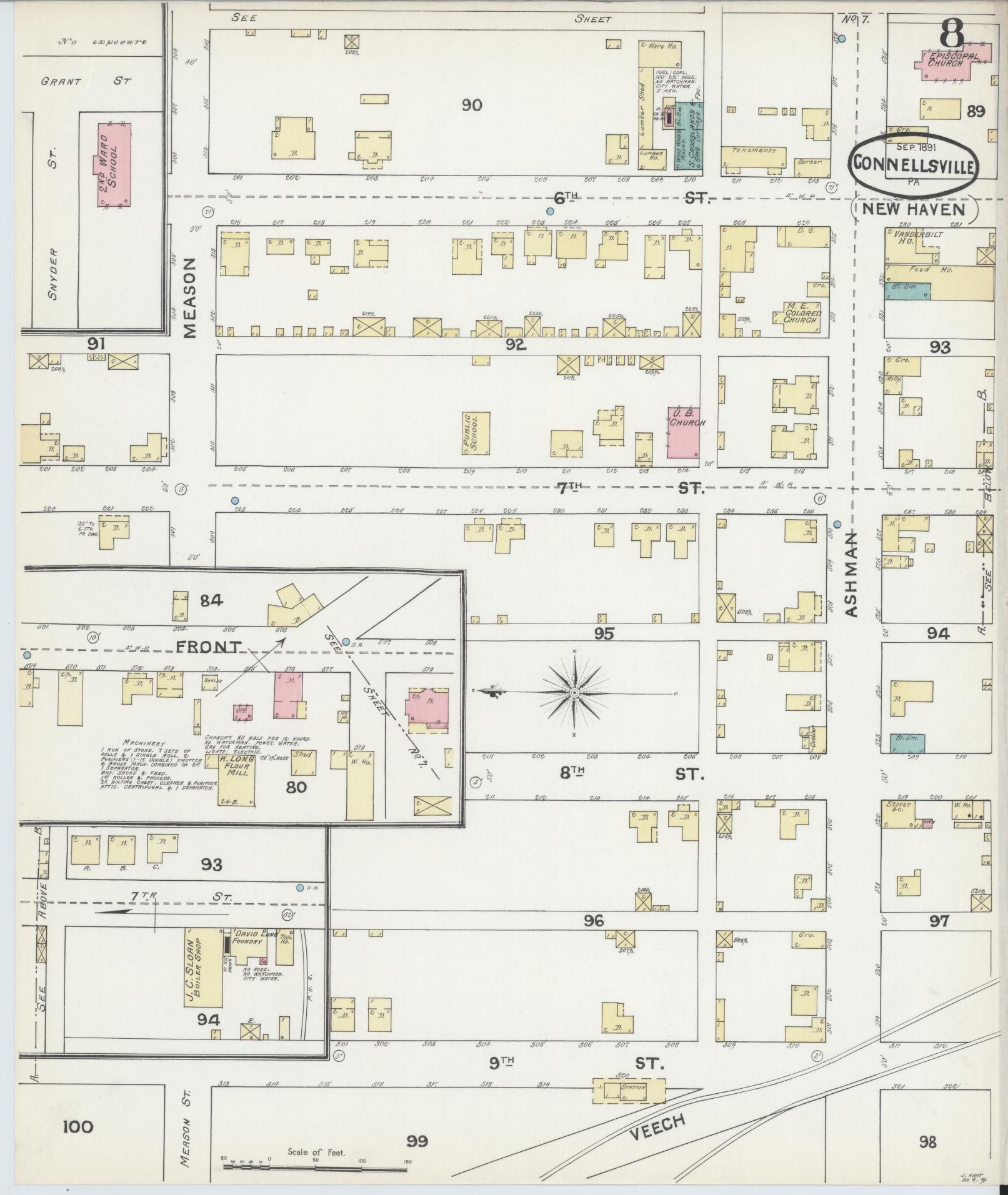 Sanborn Fire Insurance Map from Connellsville, Fayette County, Pennsylvania (1891), Sheet #0008 - Historic Sanborn Fire Insurance Map Print, vintage old map wall art, antique decor, genealogy gift, Pennsylvania Pennsylvania map