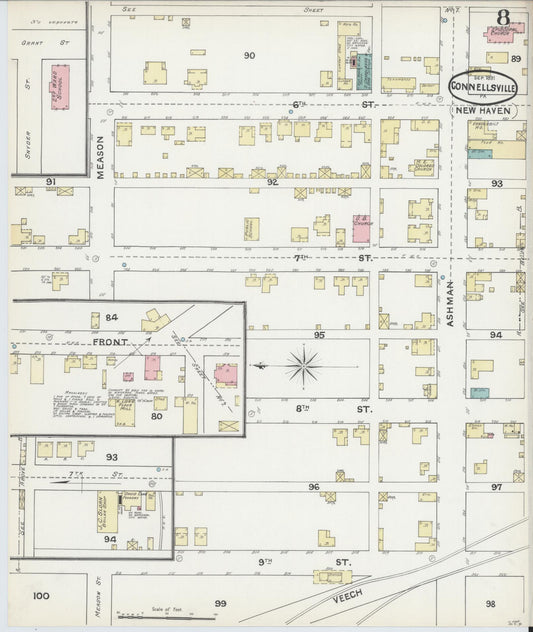 Sanborn Fire Insurance Map from Connellsville, Fayette County, Pennsylvania (1891), Sheet #0008 - Historic Sanborn Fire Insurance Map Print, vintage old map wall art, antique decor, genealogy gift, Pennsylvania Pennsylvania map