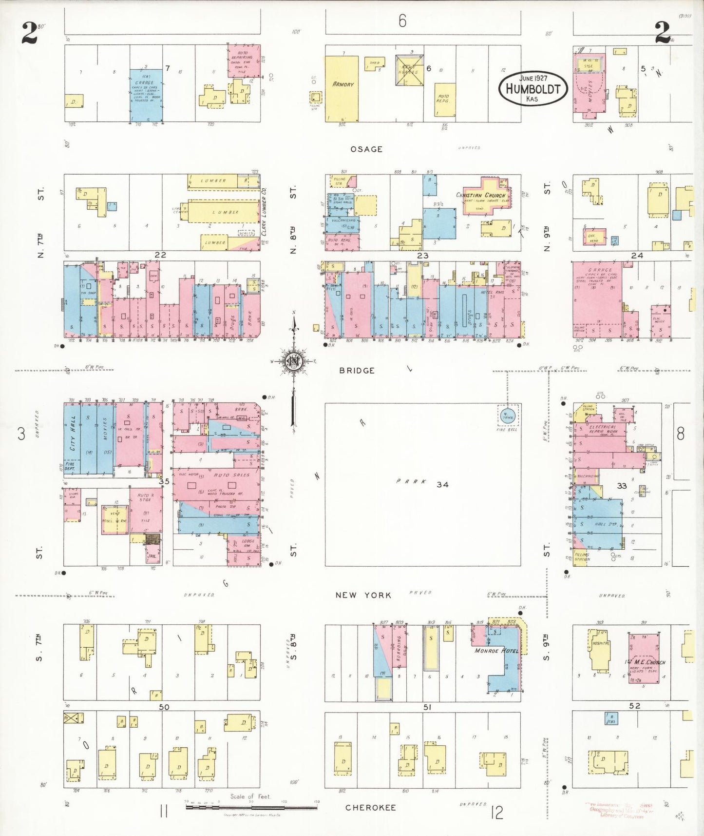 Sanborn Fire Insurance Map from Humboldt, Allen County, Kansas (1927), Sheet #0002 - Historic Sanborn Fire Insurance Map Print, vintage old map wall art, antique decor, genealogy gift, Kansas Kansas map