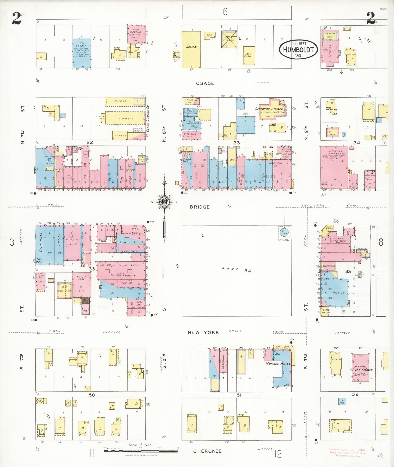 Sanborn Fire Insurance Map from Humboldt, Allen County, Kansas (1927), Sheet #0002 - Historic Sanborn Fire Insurance Map Print, vintage old map wall art, antique decor, genealogy gift, Kansas Kansas map