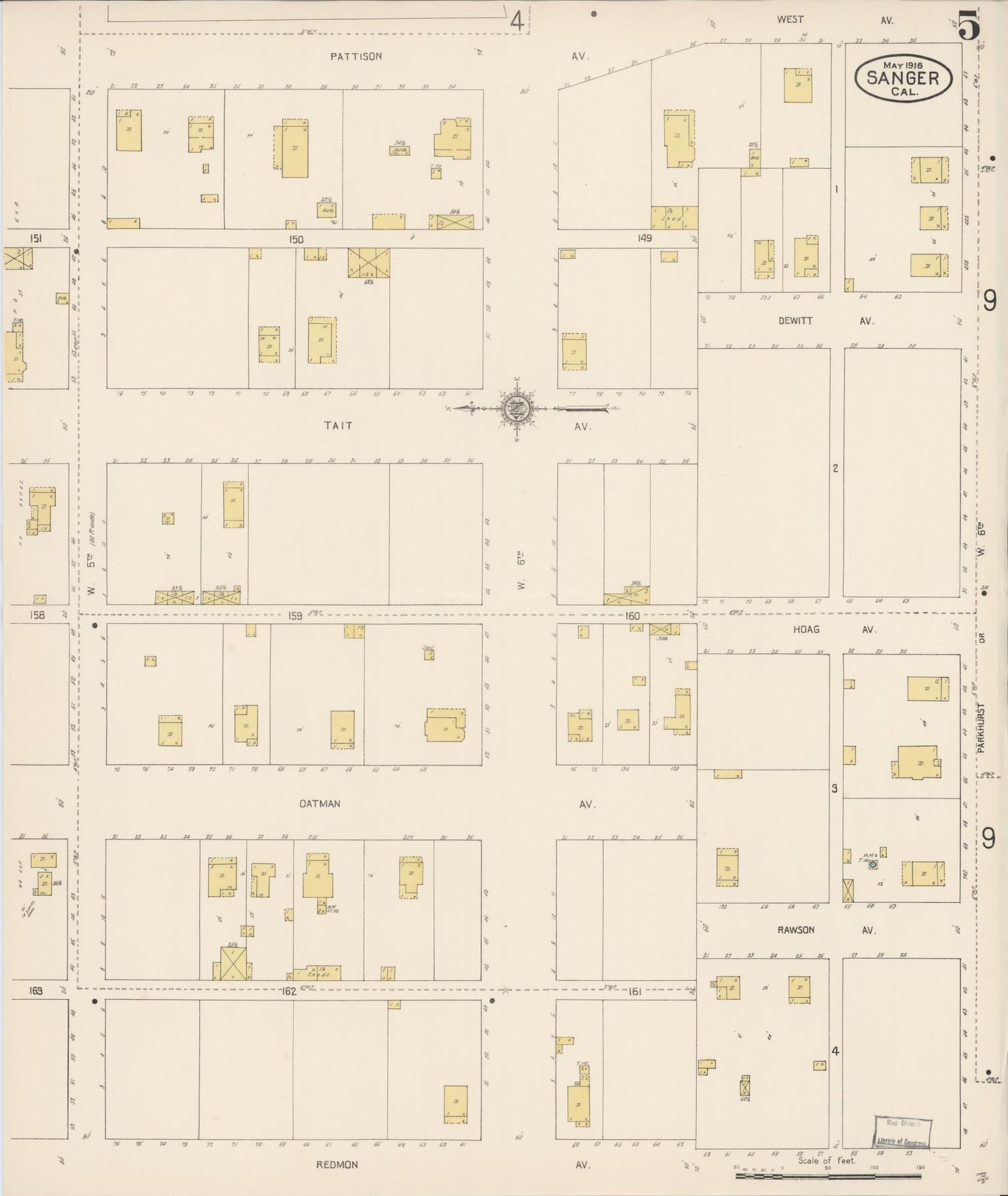 Sanborn Fire Insurance Map from Sanger, Fresno County, California (1916), Sheet #0005 - Complete Map Set gallery image, historic Sanborn map, vintage wall art, California California