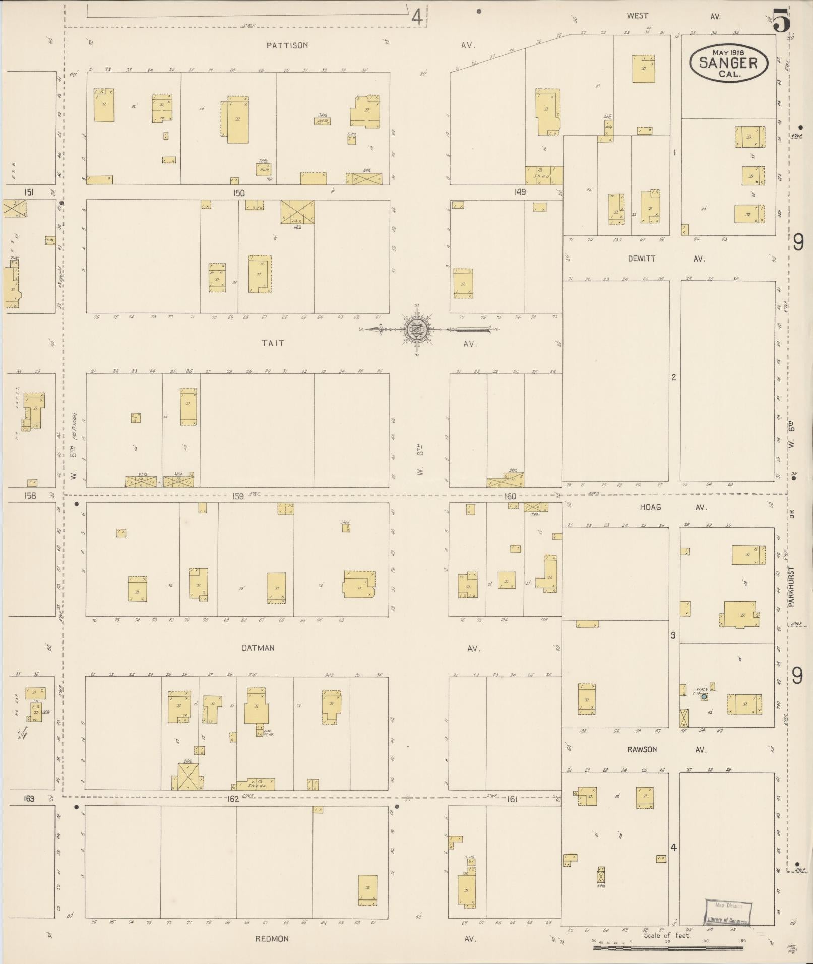 Sanborn Fire Insurance Map from Sanger, Fresno County, California (1916), Sheet #0005 - Complete Map Set gallery image, historic Sanborn map, vintage wall art, California California