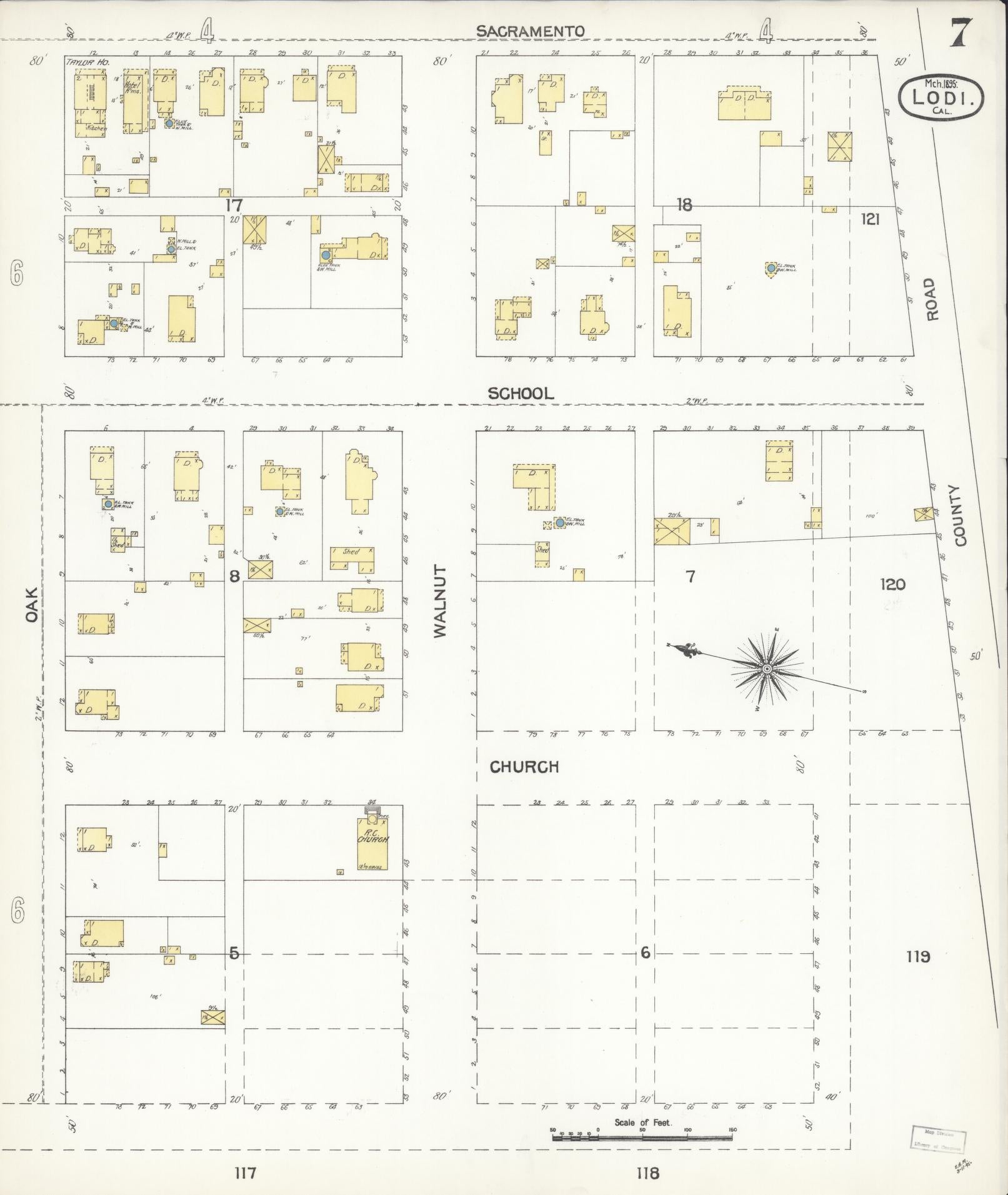 Sanborn Fire Insurance Map from Lodi, San Joaquin County, California (1895), Sheet #0007 - Historic Sanborn Fire Insurance Map Print, vintage old map wall art, antique decor, genealogy gift, California California map
