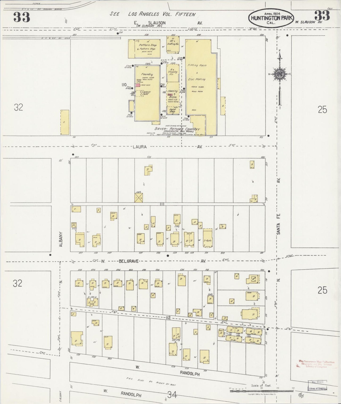 Sanborn Fire Insurance Map from Huntington Park, Los Angeles County, California (1924), Sheet #0033 - Historic Sanborn Fire Insurance Map Print, vintage old map wall art, antique decor, genealogy gift, California California map