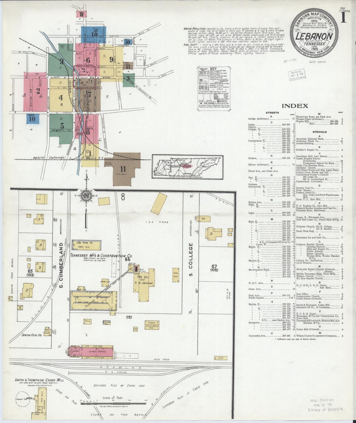 Sanborn Fire Insurance Map from Lebanon, Wilson County, Tennessee (1920), Sheet #0001 - Historic Sanborn Fire Insurance Map Print, vintage old map wall art, antique decor, genealogy gift, Tennessee Tennessee map