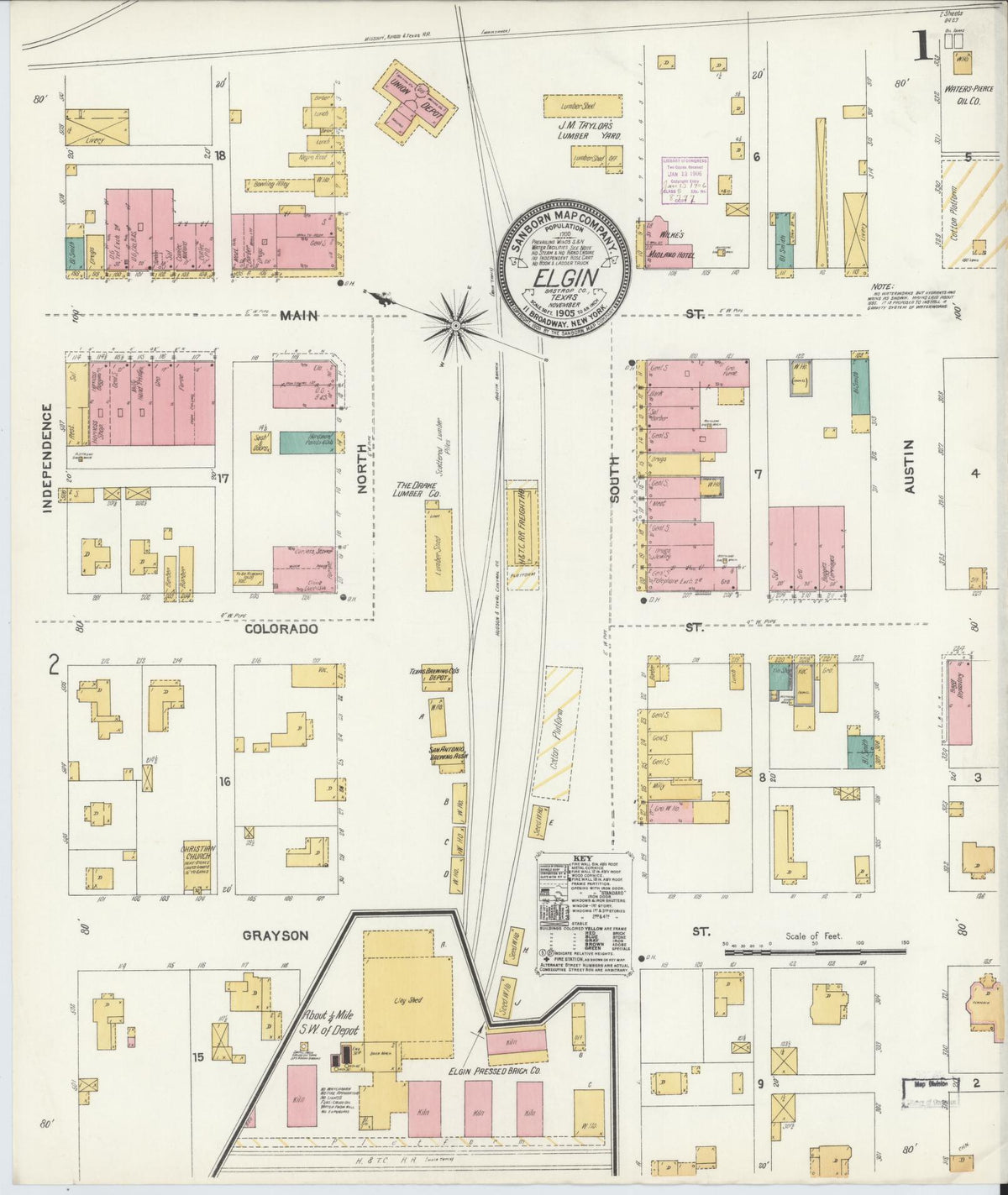Sanborn Fire Insurance Map from Elgin, Bastrop County, Texas (1905), Sheet #0001 - Historic Sanborn Fire Insurance Map Print, vintage old map wall art, antique decor, genealogy gift, Texas Texas map