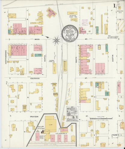 Sanborn Fire Insurance Map from Elgin, Bastrop County, Texas (1905), Sheet #0001 - Historic Sanborn Fire Insurance Map Print, vintage old map wall art, antique decor, genealogy gift, Texas Texas map