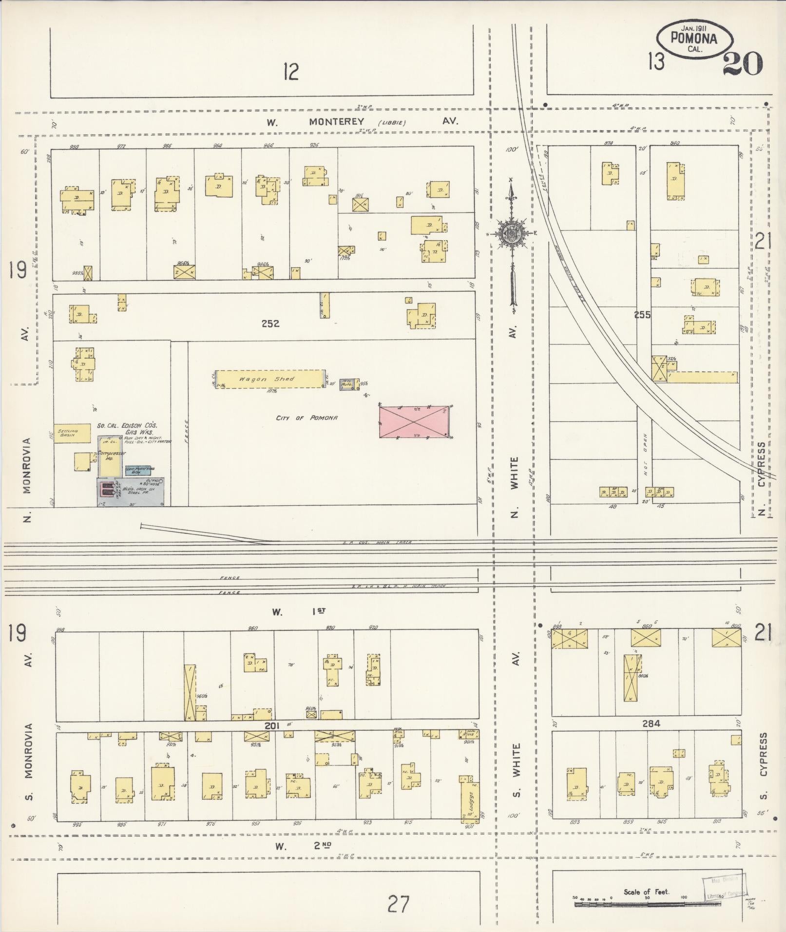 Sanborn Fire Insurance Map from Pomona, Los Angeles County, California (1911), Sheet #0020 - Complete Map Set gallery image, historic Sanborn map, vintage wall art, California California
