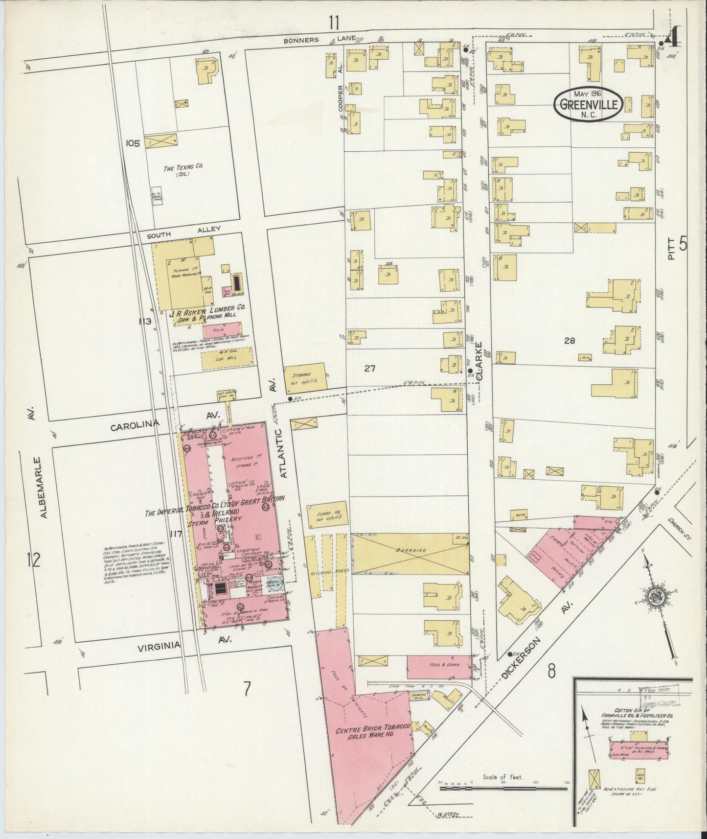Sanborn Fire Insurance Map from Greenville, Pitt County, North Carolina (1916), Sheet #0004 - Complete Map Set gallery image, historic Sanborn map, vintage wall art, North Carolina North Carolina