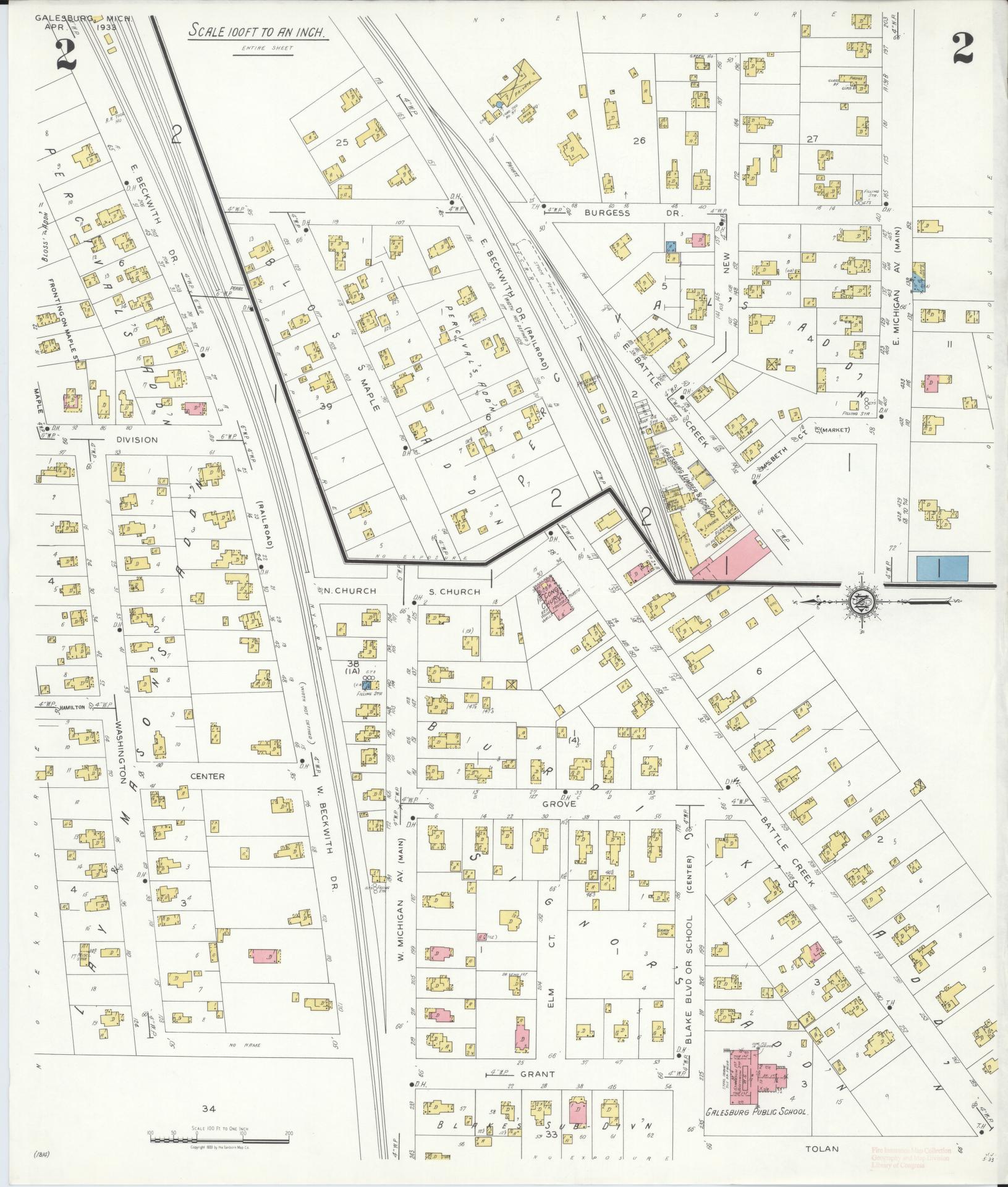 Sanborn Fire Insurance Map from Galesburg, Kalamazoo County, Michigan (1933), Sheet #0002 - Complete Map Set gallery image, historic Sanborn map, vintage wall art, Michigan Michigan