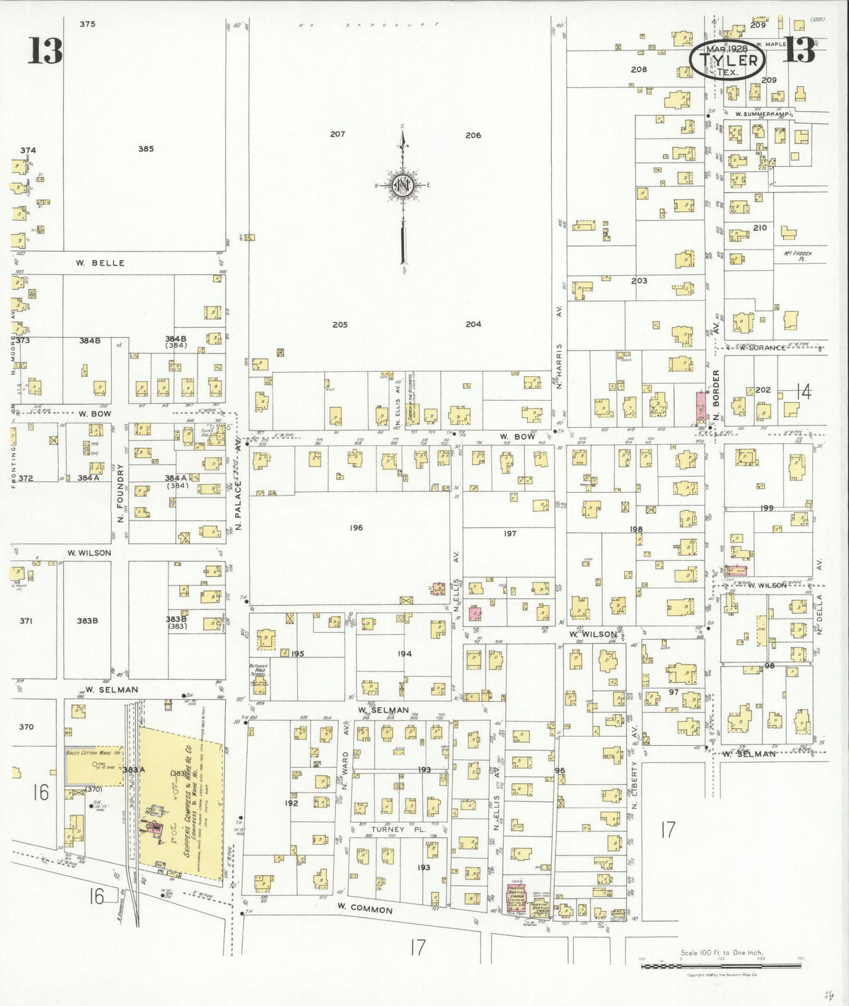 Sanborn Fire Insurance Map from Tyler, Smith County, Texas (1928), Sheet #0013 - Historic Sanborn Fire Insurance Map Print, vintage old map wall art, antique decor, genealogy gift, Texas Texas map