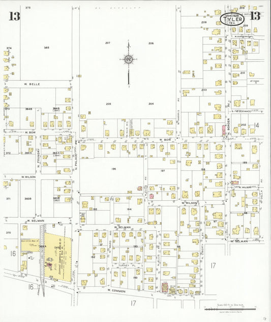 Sanborn Fire Insurance Map from Tyler, Smith County, Texas (1928), Sheet #0013 - Historic Sanborn Fire Insurance Map Print, vintage old map wall art, antique decor, genealogy gift, Texas Texas map