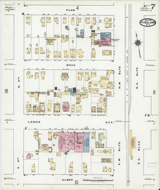 Sanborn Fire Insurance Map from Vineland, Cumberland County, New Jersey (1919), Sheet #0007 - Historic Sanborn Fire Insurance Map Print, vintage old map wall art, antique decor, genealogy gift, New Jersey New Jersey map