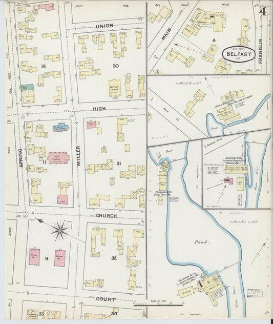 Sanborn Fire Insurance Map from Belfast, Waldo County, Maine (1890), Sheet #0004 - Historic Sanborn Fire Insurance Map Print, vintage old map wall art, antique decor, genealogy gift, Maine Maine map