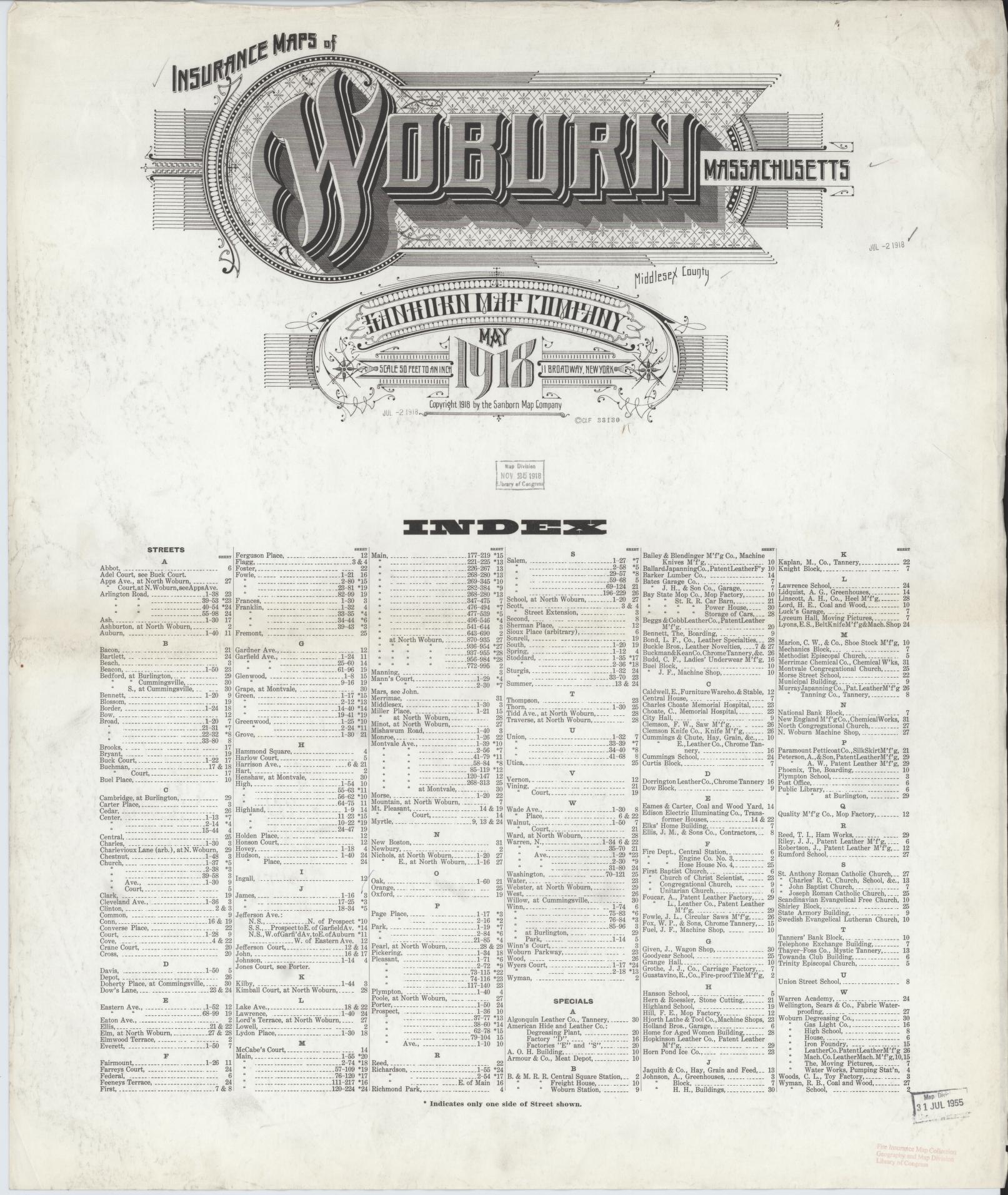 Sanborn Fire Insurance Map from Woburn, Middlesex County, Massachusetts (1918), Sheet #0001 - Historic Sanborn Fire Insurance Map Print, vintage old map wall art, antique decor, genealogy gift, Massachusetts Massachusetts map