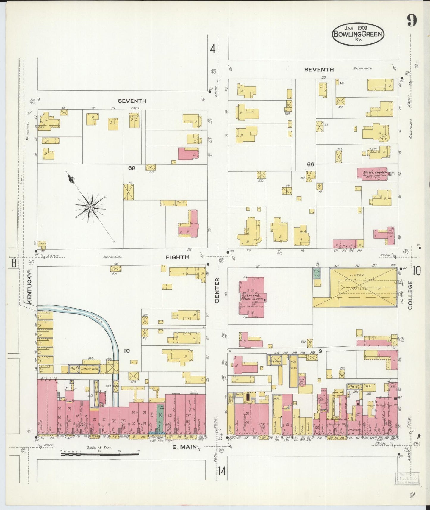 Sanborn Fire Insurance Map from Bowling Green, Warren County, Kentucky (1909), Sheet #0009 - Historic Sanborn Fire Insurance Map Print, vintage old map wall art, antique decor, genealogy gift, Kentucky Kentucky map