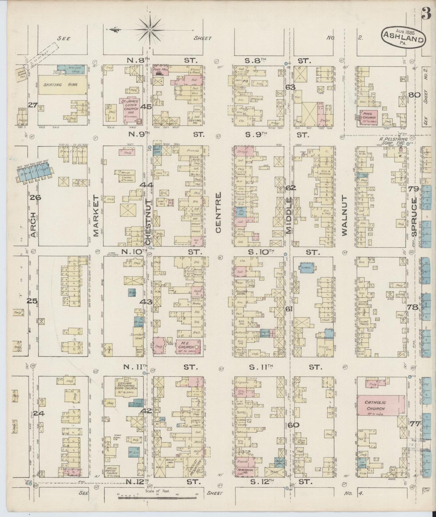 Sanborn Fire Insurance Map from Ashland, Schuylkill County, Pennsylvania (1885), Sheet #0003 - Historic Sanborn Fire Insurance Map Print, vintage old map wall art, antique decor, genealogy gift, Pennsylvania Pennsylvania map
