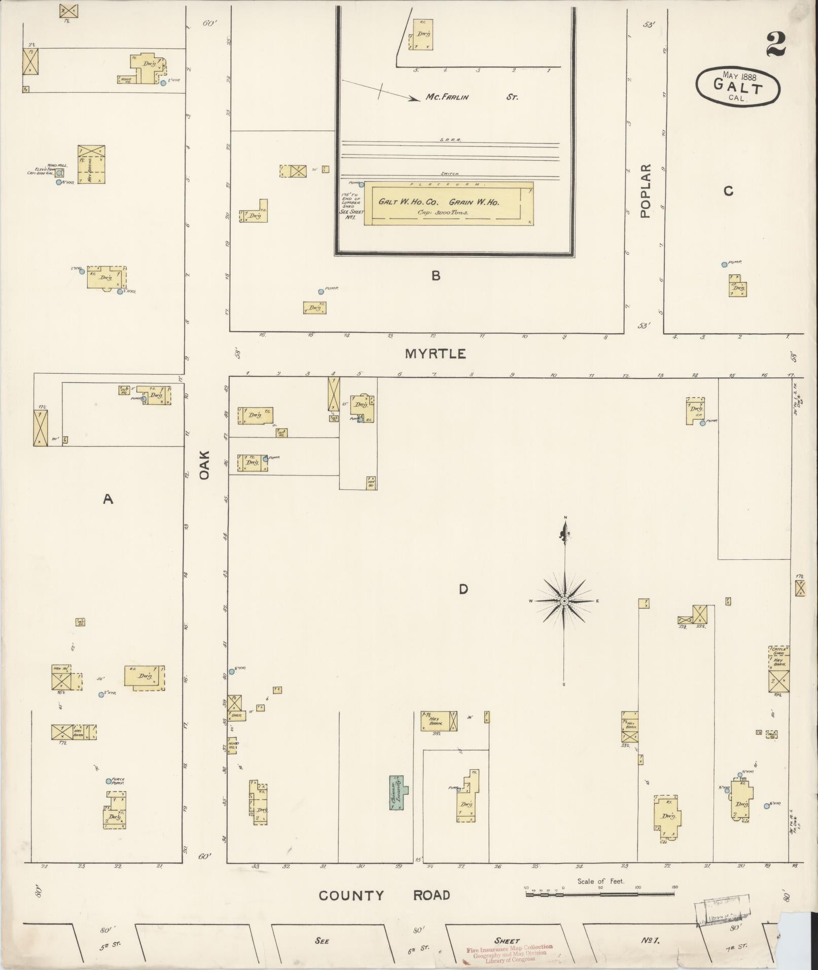 Sanborn Fire Insurance Map from Galt, Sacramento County, California (1888), Sheet #0002 - Historic Sanborn Fire Insurance Map Print, vintage old map wall art, antique decor, genealogy gift, California California map