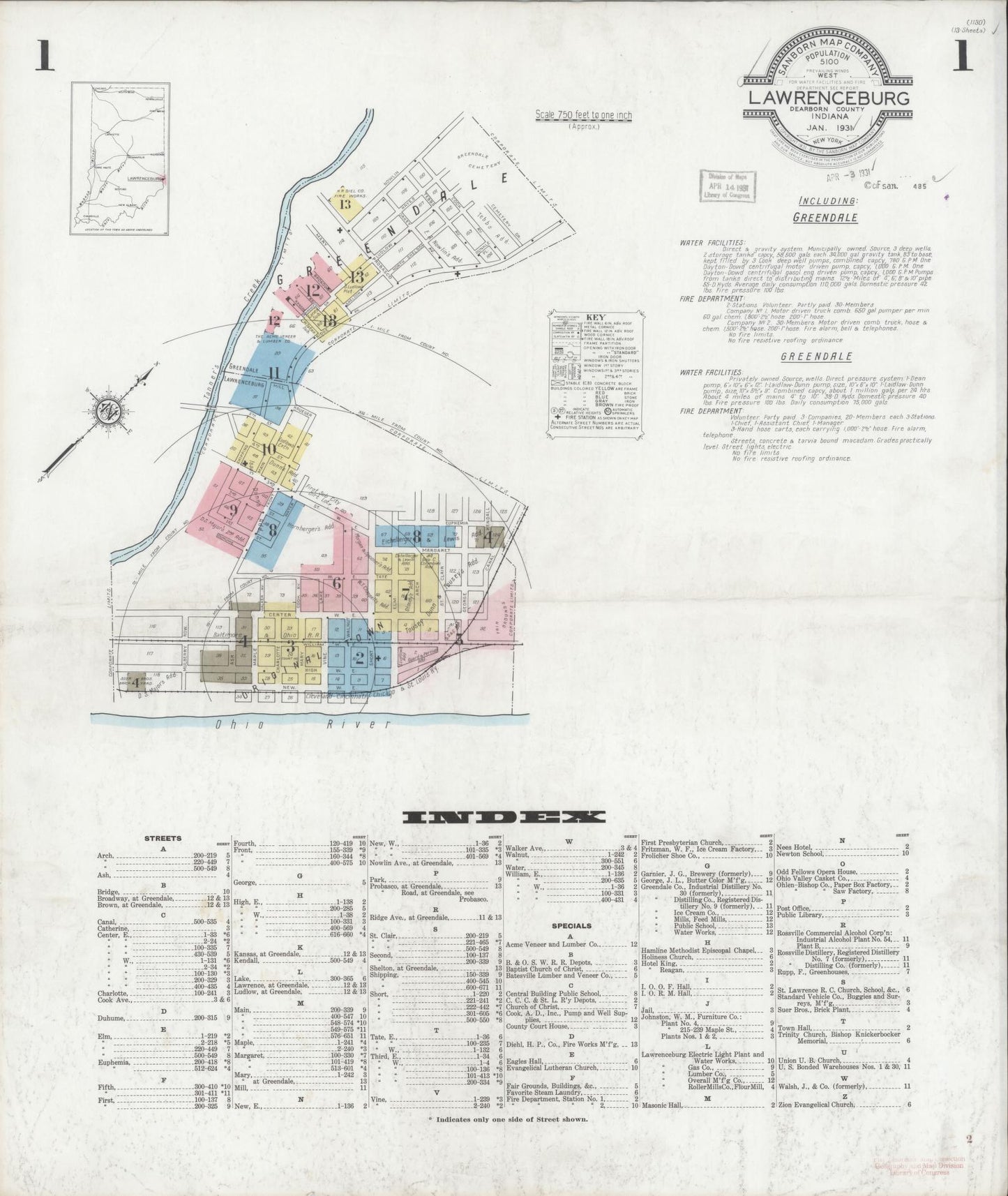 Sanborn Fire Insurance Map from Lawrenceburg, Dearborn County, Indiana (1931), Sheet #0001 - Complete Map Set gallery image, historic Sanborn map, vintage wall art, Indiana Indiana