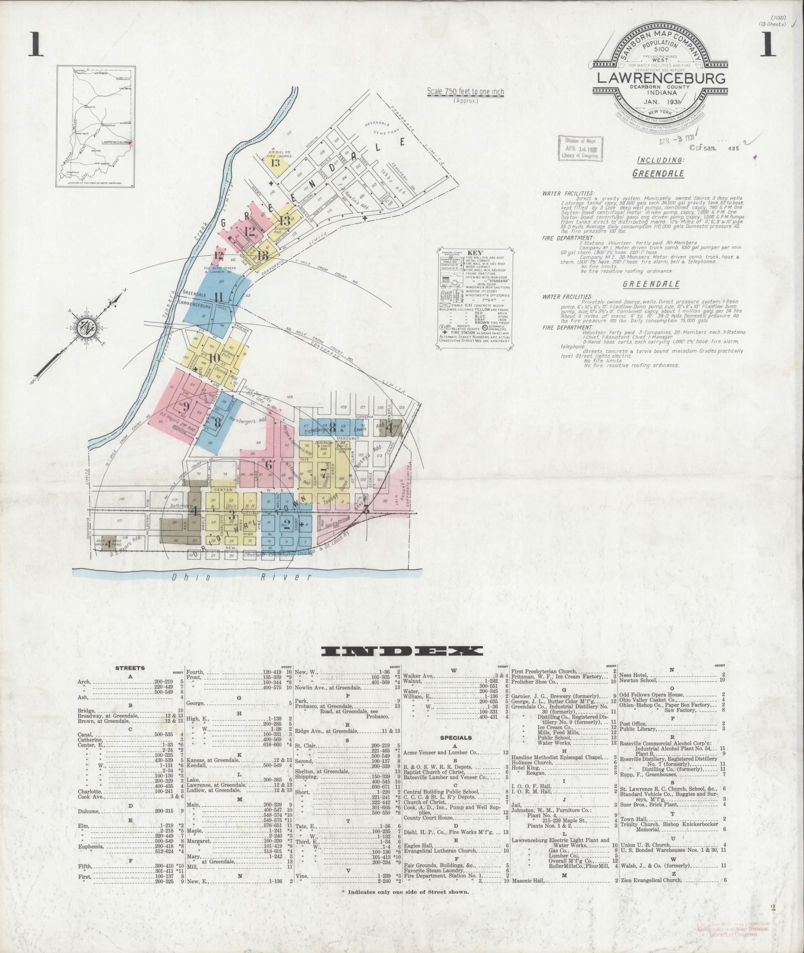 Sanborn Fire Insurance Map from Lawrenceburg, Dearborn County, Indiana (1931), Sheet #0001 - Complete Map Set gallery image, historic Sanborn map, vintage wall art, Indiana Indiana
